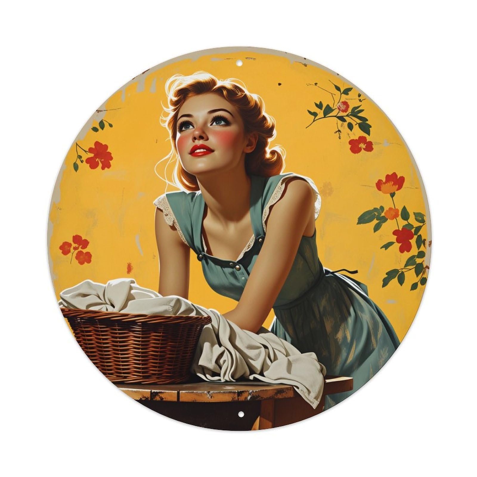 Floral Background Vintage Woman Laundry Basket Metal Tin Sign Vintage Garden Bedroom Cafe Bar Man Cave Home Wall Decor Metal Poster 8x8 inches