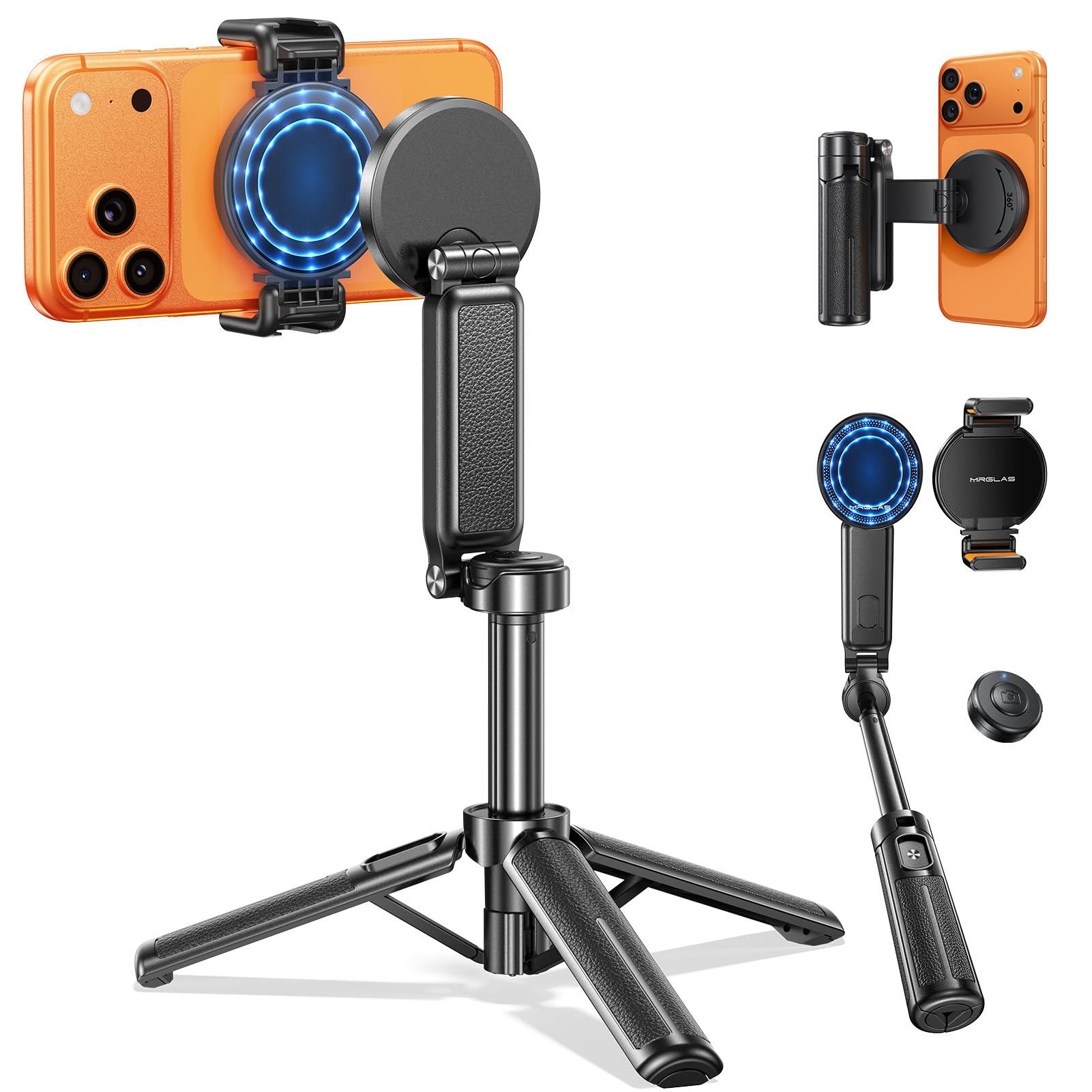 17 Zoll Handy Stativ Selfie Stick, 4,5 Zoll Taschenformat Bluetooth | 4-in-1 Design, Kabellose Fernbedienung, 360° drehbar, Kompatibel mit MagSafe, Abnehmbare Klemme, Für iPhone Android