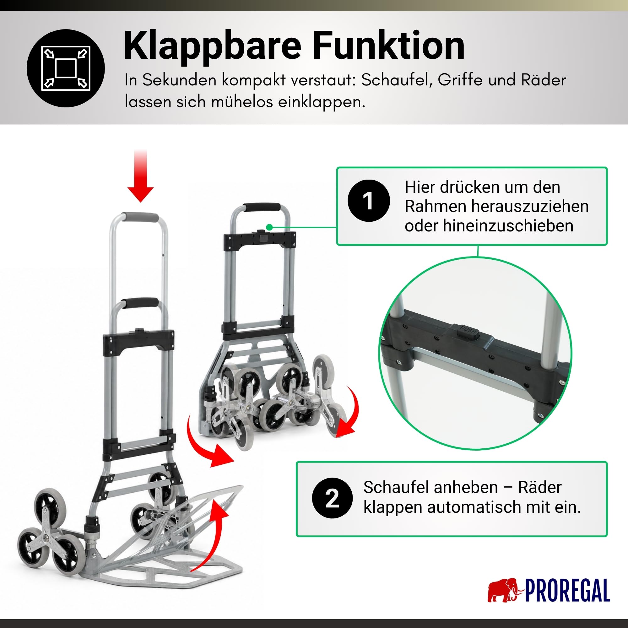PROREGAL Klappbare Treppensackkarre Elephant | große Schaufel | Traglast 150kg | 6,8 kg leicht | Aluminium, Vollgummireifen Teleskopgriff 100 cm | Silber | Sackkarre Transportkarre für Treppen