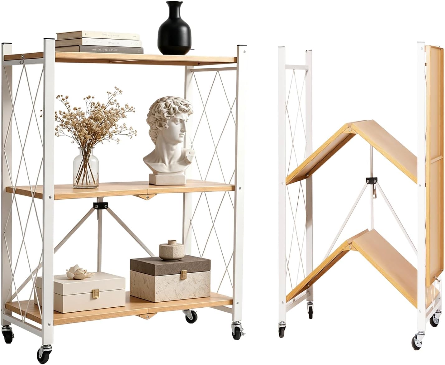3-Tier Folding Storage Shelves on Wheels – No Assembly, Heavy Duty Collapsible Rolling Shelf Unit for Kitchen, Bedroom, Living Room