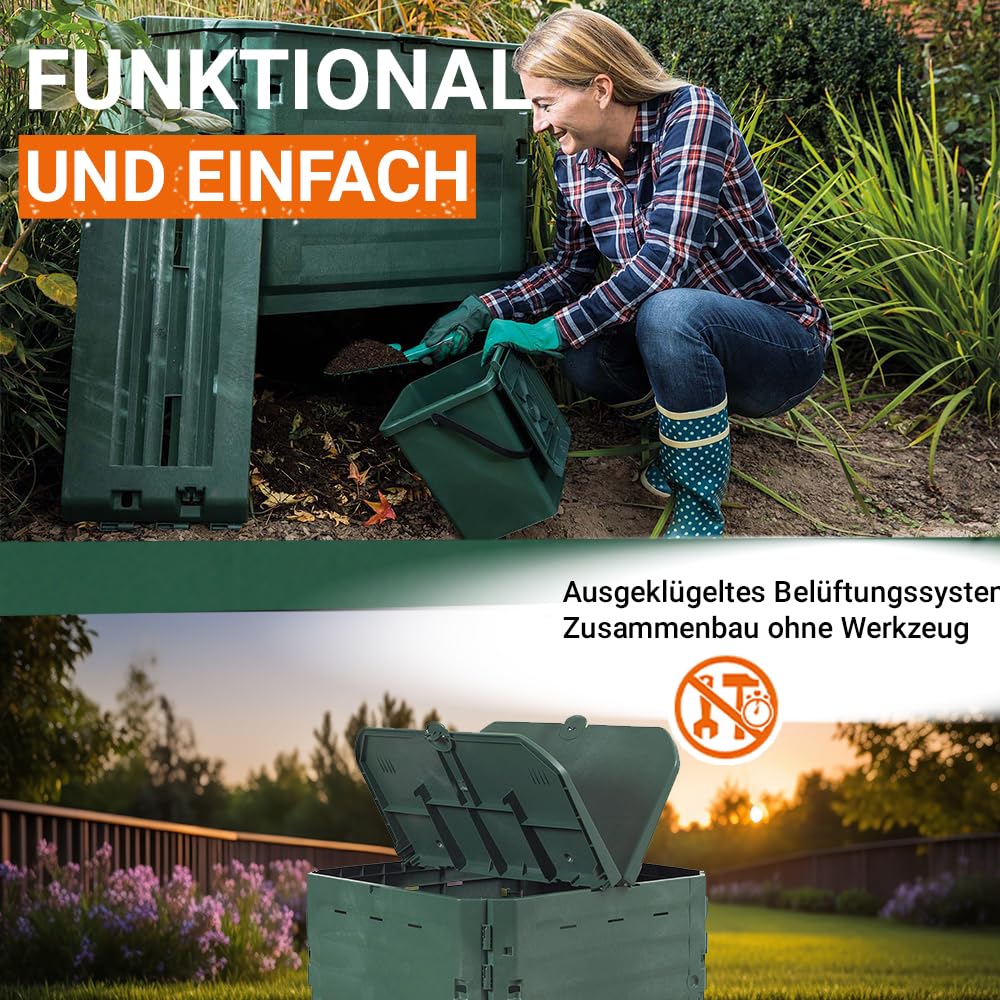 GARANTIA Thermo-King Komposter 600 Liter grün - für Gartenabfall mit isolierten Wänden - leichte Montage ohne Werkzeug - Deckelarretierung und Luftzirkulation aus Recyclingkunststoff für draußen