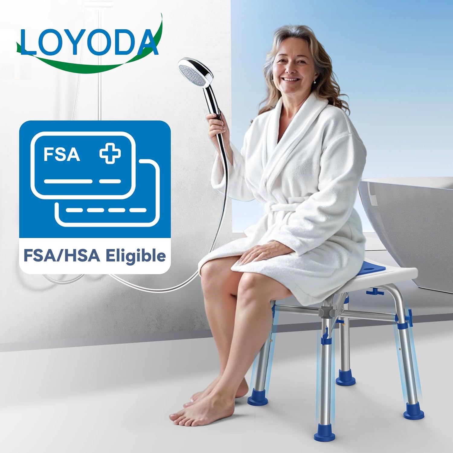 Loyoda FSA/HSA Eligible Heavy Duty Shower Chair for Inside Shower, 500lb Weight Capacity, Height-Adjustable Shower Bench with Padded Seat, Shower Stool Suitable for Elderly and Disabled