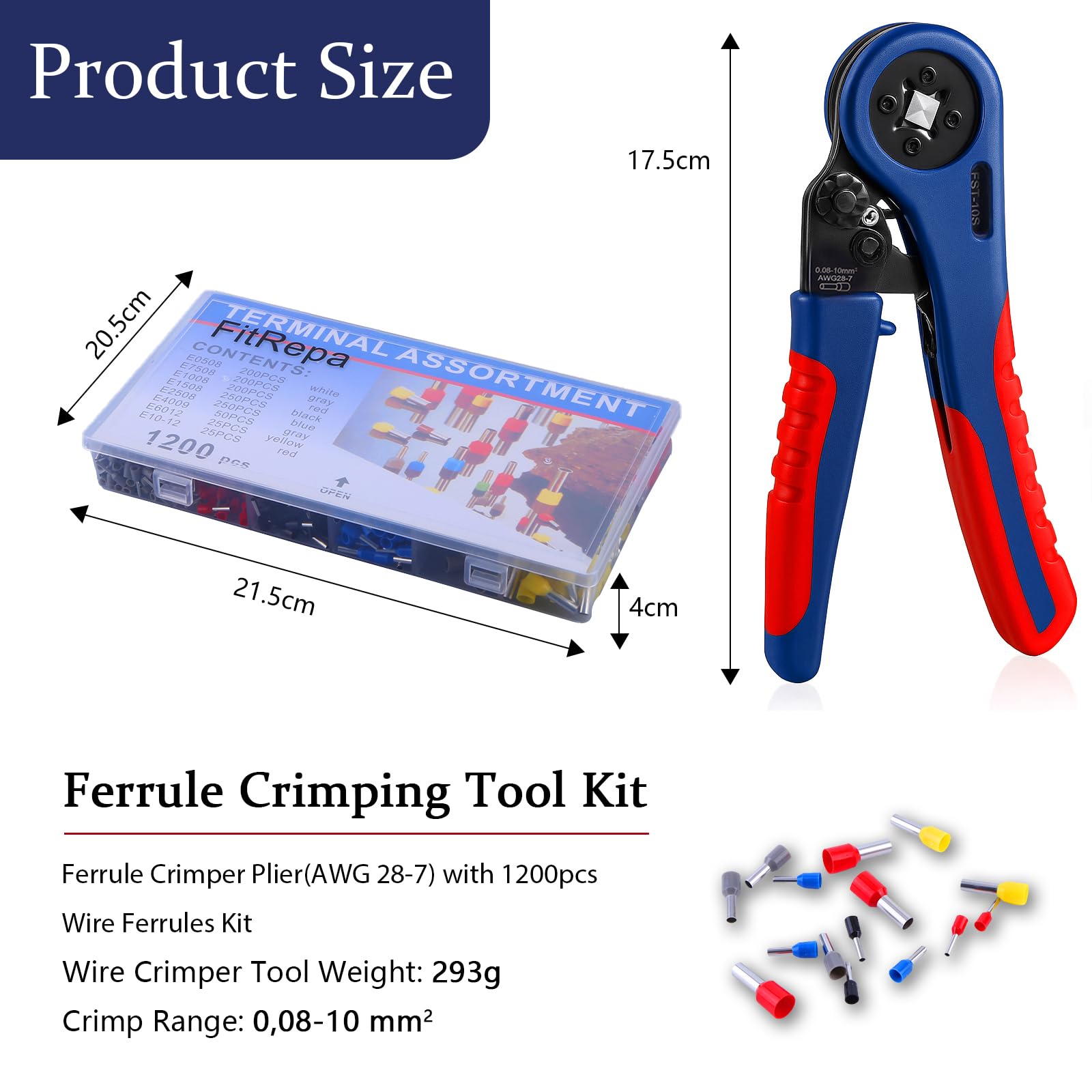 FitRepa Pinza Crimpatrice Capicorda Crimpatrice Capicorda per 0.08-10 mm² Crimpatrice Puntalini con 1200 pezzi di Terminali Elettrici, per Estremità Cavi Elettrici