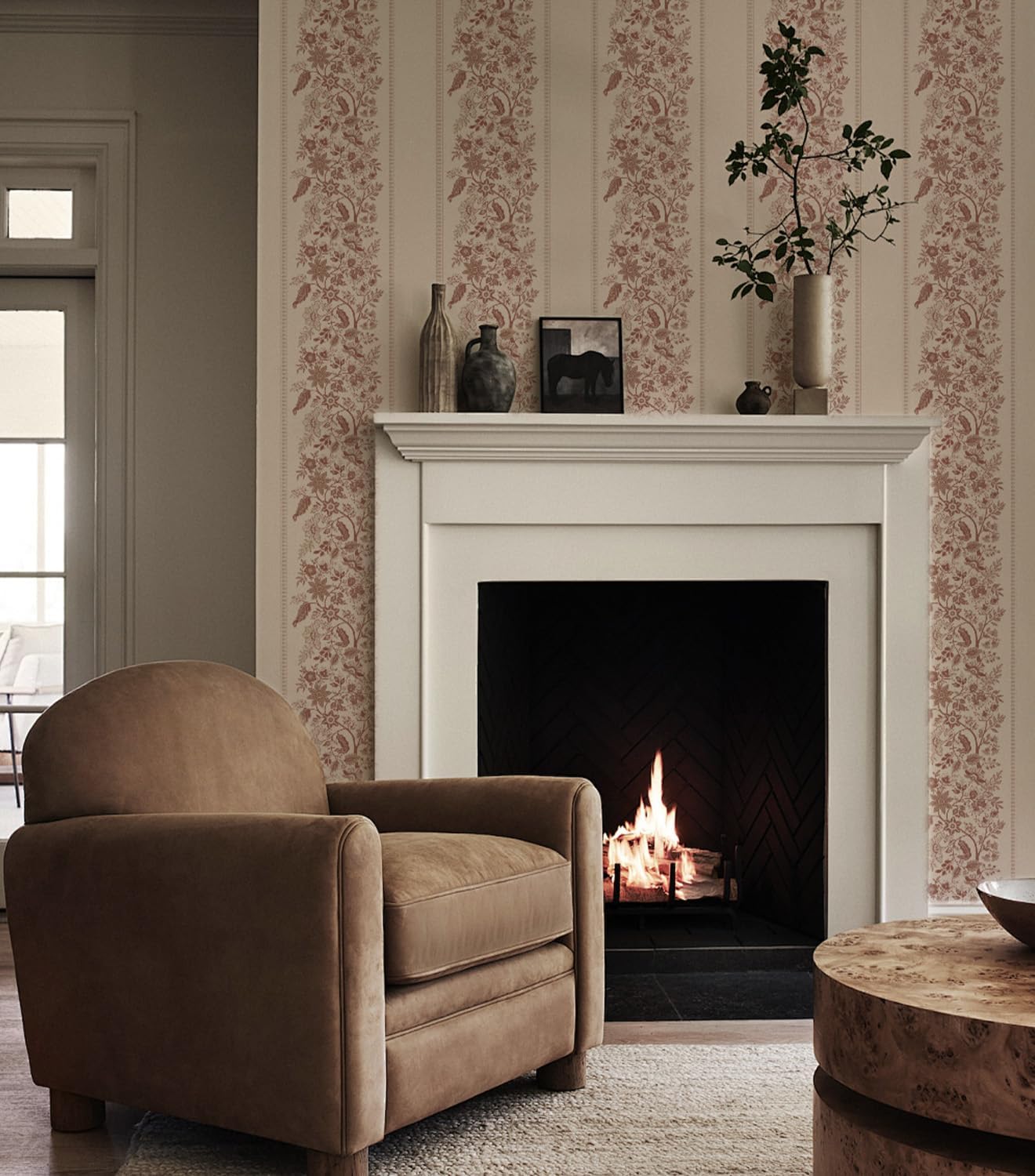 Tonal Floral Peel and Stick Wallpaper 17.3" x 118" Boho Self Adhesive Wallpaper Contact Paper Waterproof for Shelves Cabinet Drawer Table Decor (Light Salmon, 17.3"x118.11")