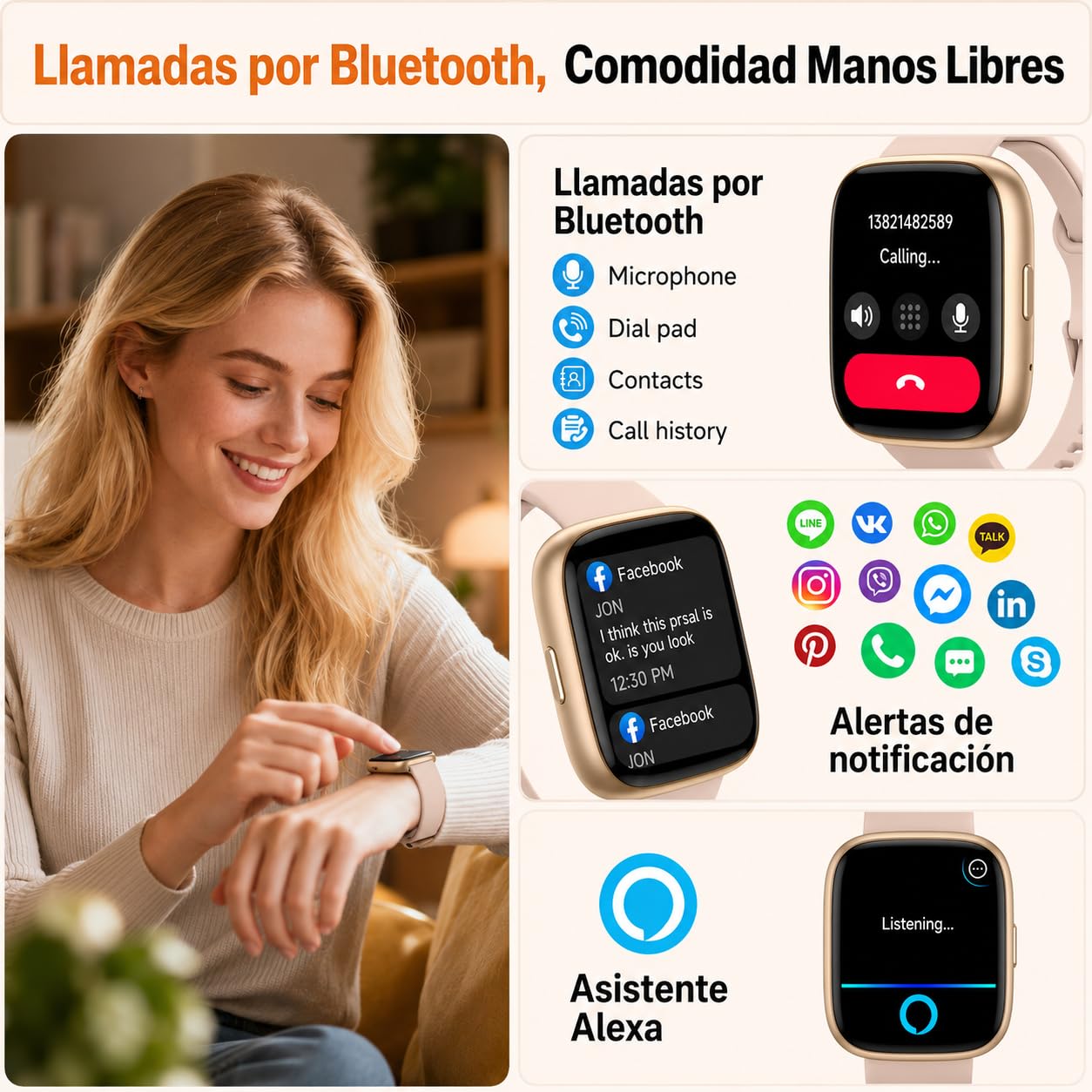 VRPEFIT - Smartwatch Hombre/Mujer, notificaciones Whatsapp, Pantalla táctil 1.8" HD, Llamadas Bluetooth, Ritmo cardíaco, SpO2, sueño, 100+ Modos Deportivos, IP68, Android/iOS