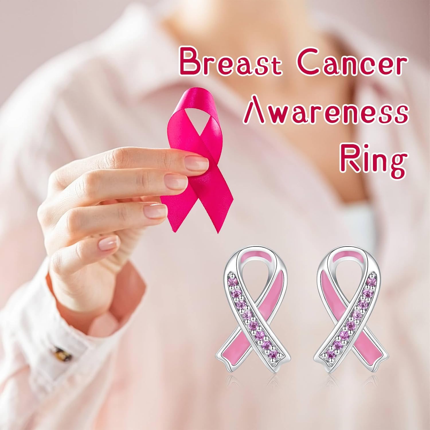 Sterling Silver Breast Cancer Awareness Stud Earrings Pink Ribbon Earrings for Women Breast Cancer Jewelry Strength Gifts for Survivors - Image 2