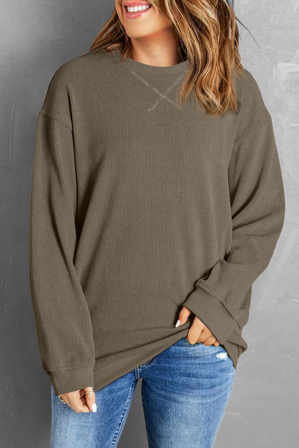 Womens Sweatshirts Casual Cored Corduroy Pullover Tops Oversized Long Sleeve Crewneck Shirts - Image 4