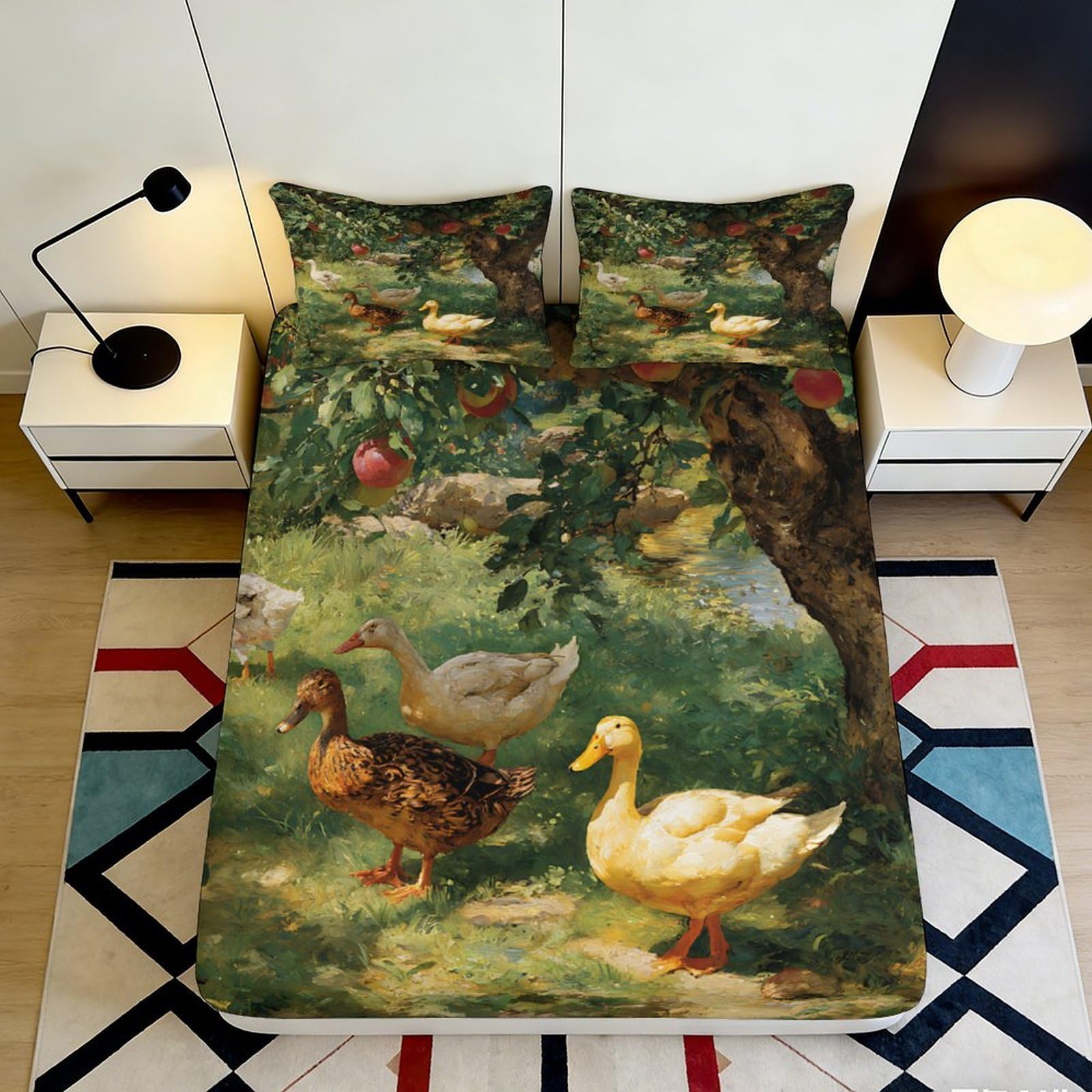 3D Printed Farm Duck Fitted Sheet Microfiber Soft Green Meadow Mattress Cover for Bedroom Guest Room Decor 90x200x25cm