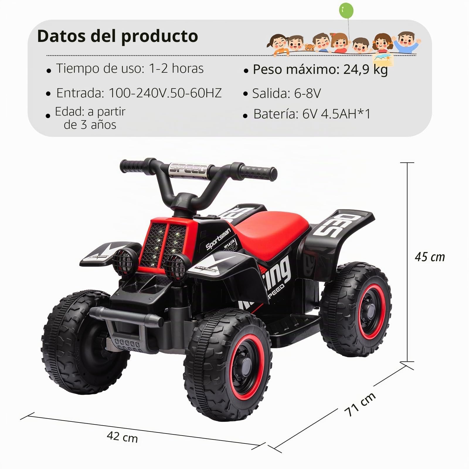 Garvee Quad Eléctrico Niño 6V, Coche Eléctrico para Niños con LED Y Música, 1,8 km/h con Botón, Arranque de Larga Autonomía, ATV para Niños 3+ Años