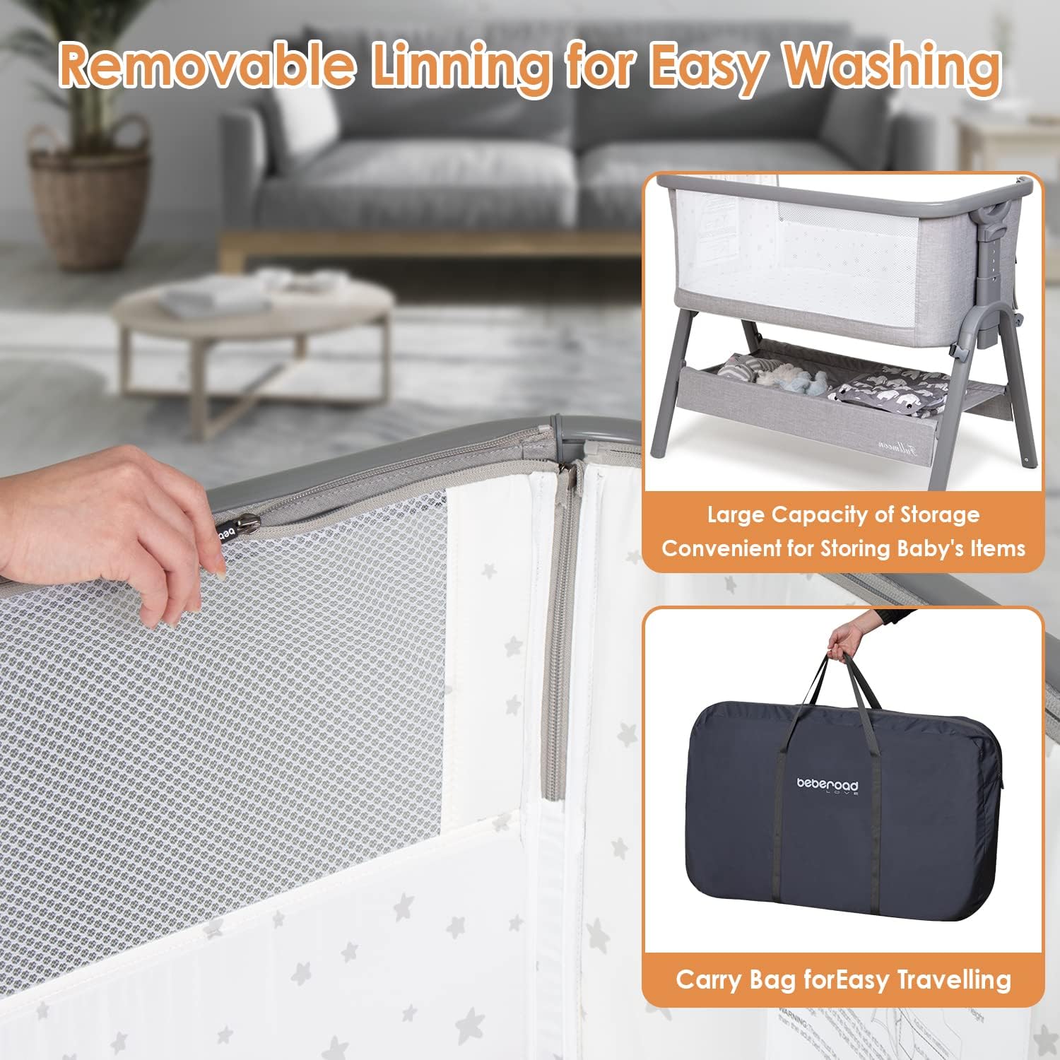 Beberoad Love Baby Bassinet Beside Sleeper for Baby Lightweight Portable 6 Heights Adjustable Beside Crib Baby Bed Cradle for Newborns Infants with Mattress Wheels Storage Basket Travel Bag Light Grey