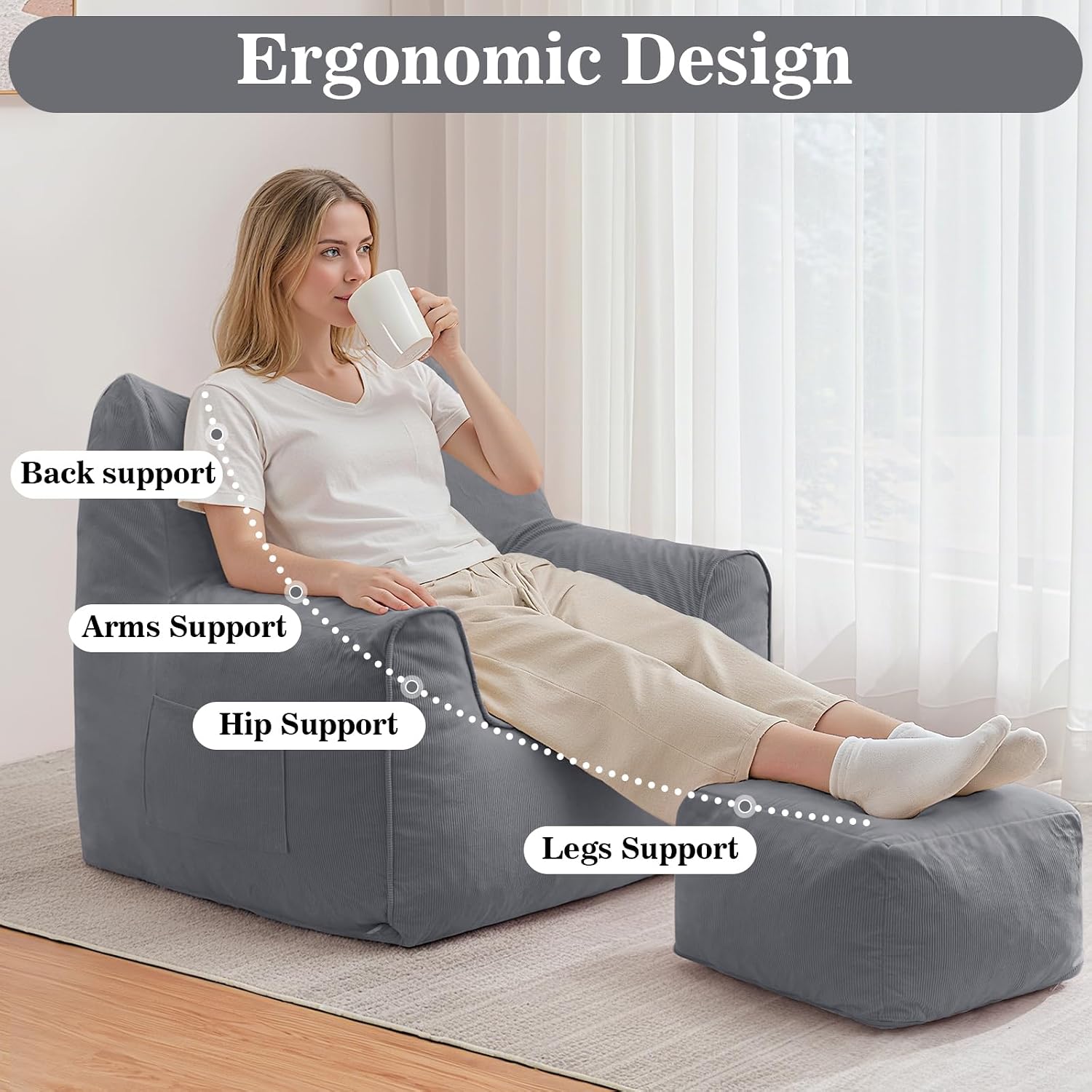 HOMMPA Bean Bag Chairs with Ottoman Cat Shaped Comfy Bean Bag Sofa for Adults Large Reading Couch for Living Room Bedroom Dorm,Grey