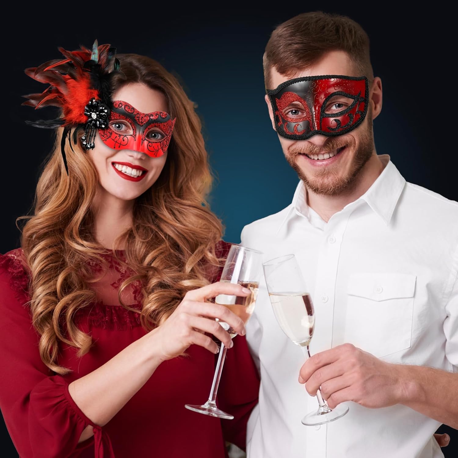 2025 New Masquerade Mask with Feather for Couples - Women's Masquerade Mask with Feather & Men Venetian Costume Mask - Image 2