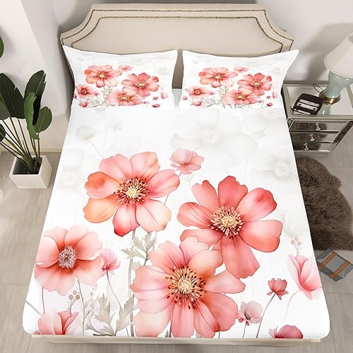 Manfei Sábana bajera ajustable de flores rosas tamaño matrimonial, juego de ropa de cama floral acuarela de 3 piezas para niños, niñas, adolescentes