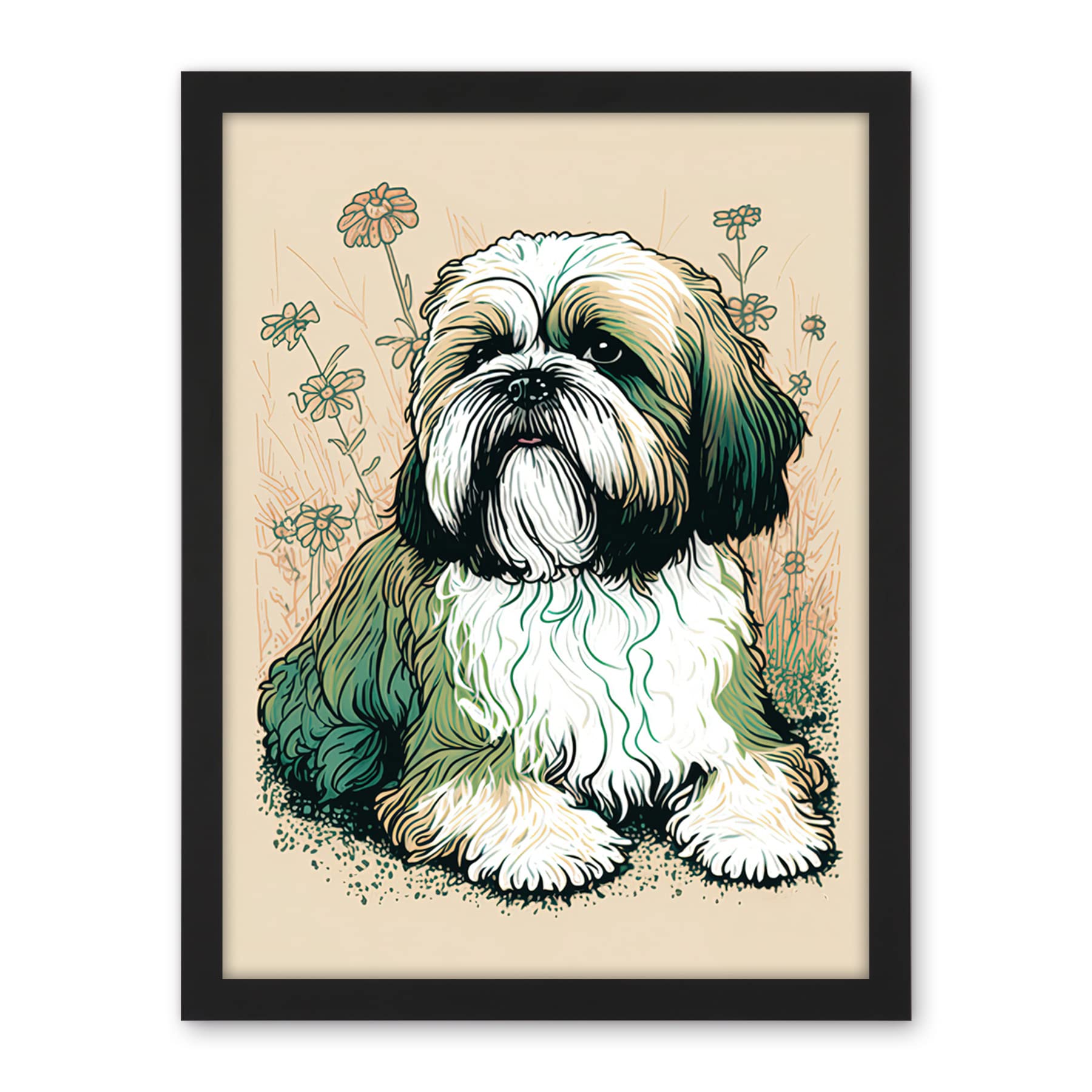 Artery8 Shih Tzu Dog with Daisies Modern Multicoloured Linocut Illustration Artwork Framed Wall Art Print 18X24 Inch