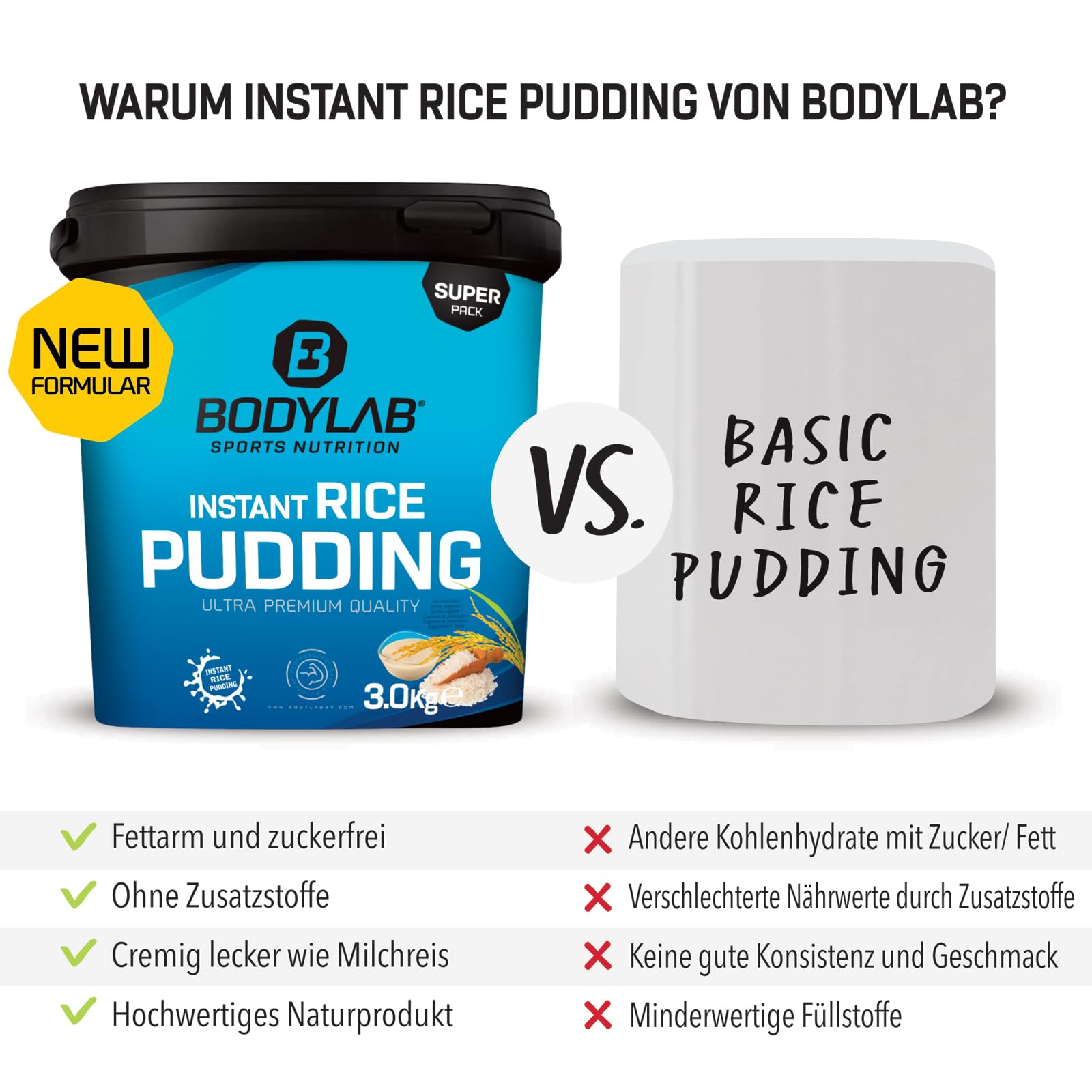 Bodylab24 Instant Rice Pudding 3kg, à base de farine de riz à 100%, sans autre additif, l'apport rapide et délicieux en glucides pour la prise de masse ou avant l'entraînement, goût neutre