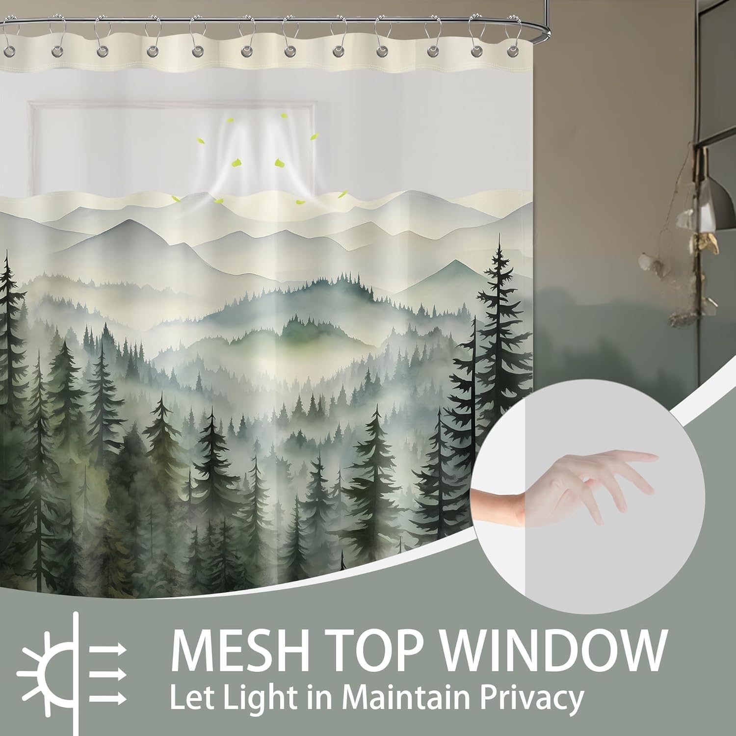 Forest See Through Mesh Top Shower Curtain with Window, Nature Mountain Double Layer Shower Curtains with Snap in Liner with Magnets, Waterproof Cloth Fabric with Hooks, 71" W x 72" L