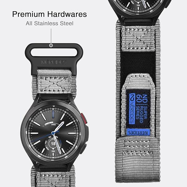 Nereides 20mm Watch Band Compatible with Samsung Galaxy Watch 7 6 5 4 FE 40mm 44mm/6 4 Classic/5 Pro, Nylon Sport Strap Compatible with Garmin Vivoactive 6 5 3/Forerunner 645 55 245 (XL, Grey) - 5