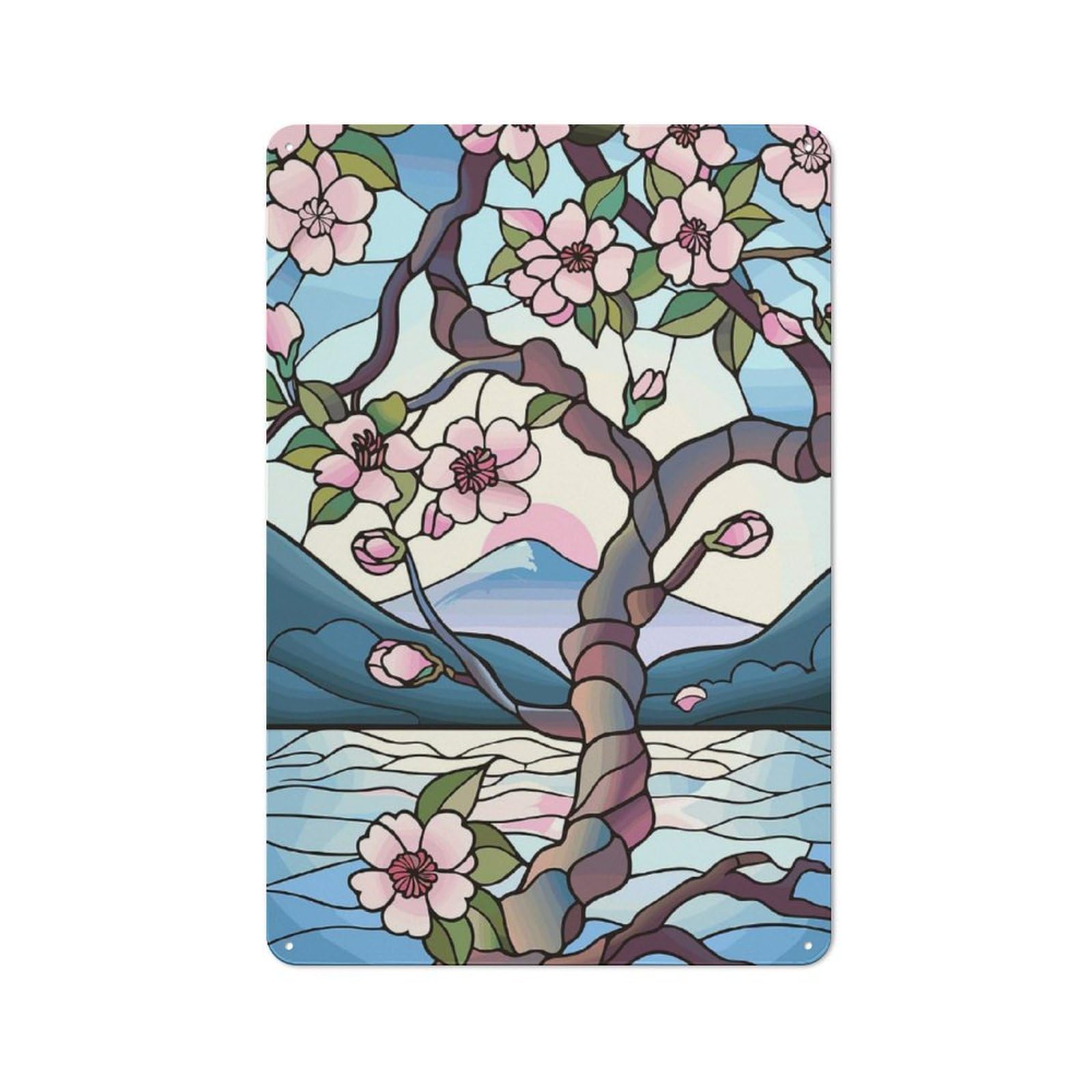 Junmoney Style-7 30X20cm Retro Metal Sign With Stained Glass Cherry Blossoms And Mountain For Living Room Or Hallway, For Living Room Decor Lovers Refreshing A Room In Autumn