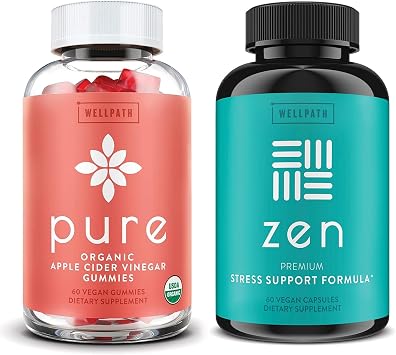 WellPath Pure Apple Cider Vinegar مع العلكة الأم وحزمة مكملات دعم المزاج Zen - مزيج من التخلص من السموم والطاقة الهادئة، نباتي، 60 Cts لكل منهما