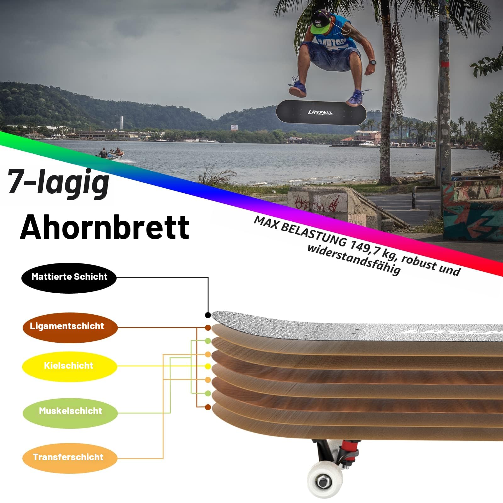 LAYENNE Skateboard, 31 * 8 Zoll Komplettes Skateboard, 7 Schichten Ahorn Skateboard Deck, ABEC-11 Halterung, Geeignet für Erwachsene, Anfänger, Jungen, Mädchen, Jugendliche und Kinder