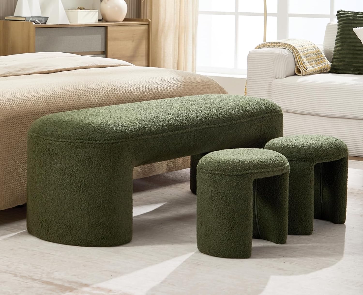 Green Entryway Bench, 53 Inch Long End of Bed Bench with 2 Foot Stools, Padded in Boucle Fabric, Modern Nesting 3-Piece Ottoman Bench Set for Living Room, Entry, Porch