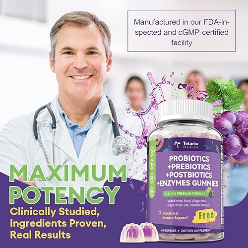 Miniatura 8 de Totaria Gomitas prebióticas prebióticas 5 en 1 sin azúcar, 36 cepas de probióticos para mujeres y hombres con enzimas digestivas, menta, inmune