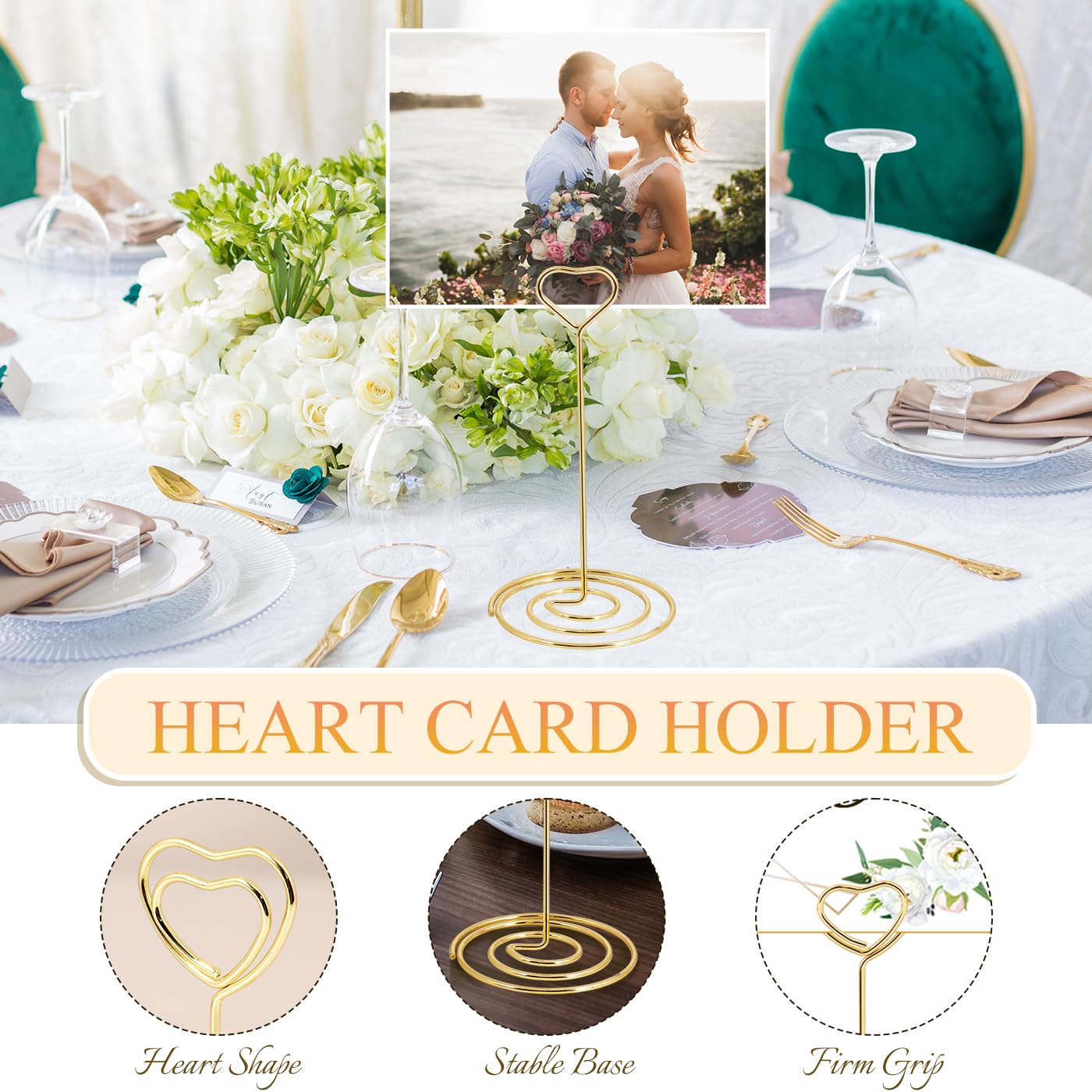 DI QIU REN 40PCS Gold Place Card Holder, 4 Size Table Number Holders for Weddings Table, Heart Table Sign Holders Stand, Metal table Card Holders for Birthdays, Picture, Memo Notes, Restaurants Menu