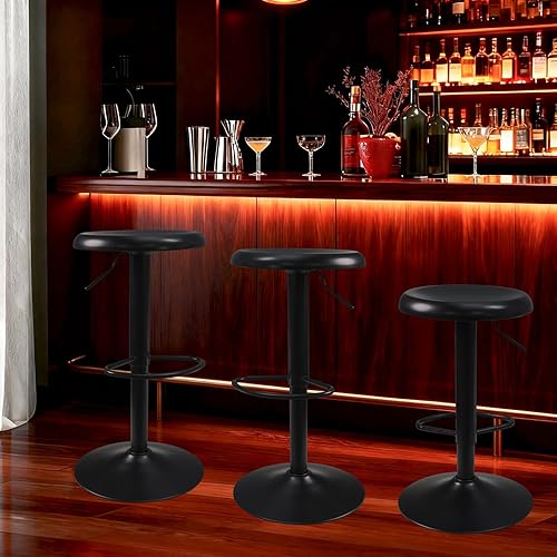 Miniatura 8 de Juego de 2 taburetes de bar ajustables, sillas giratorias sin respaldo y altura de barra, taburetes de bar modernos con marco de metal negro para