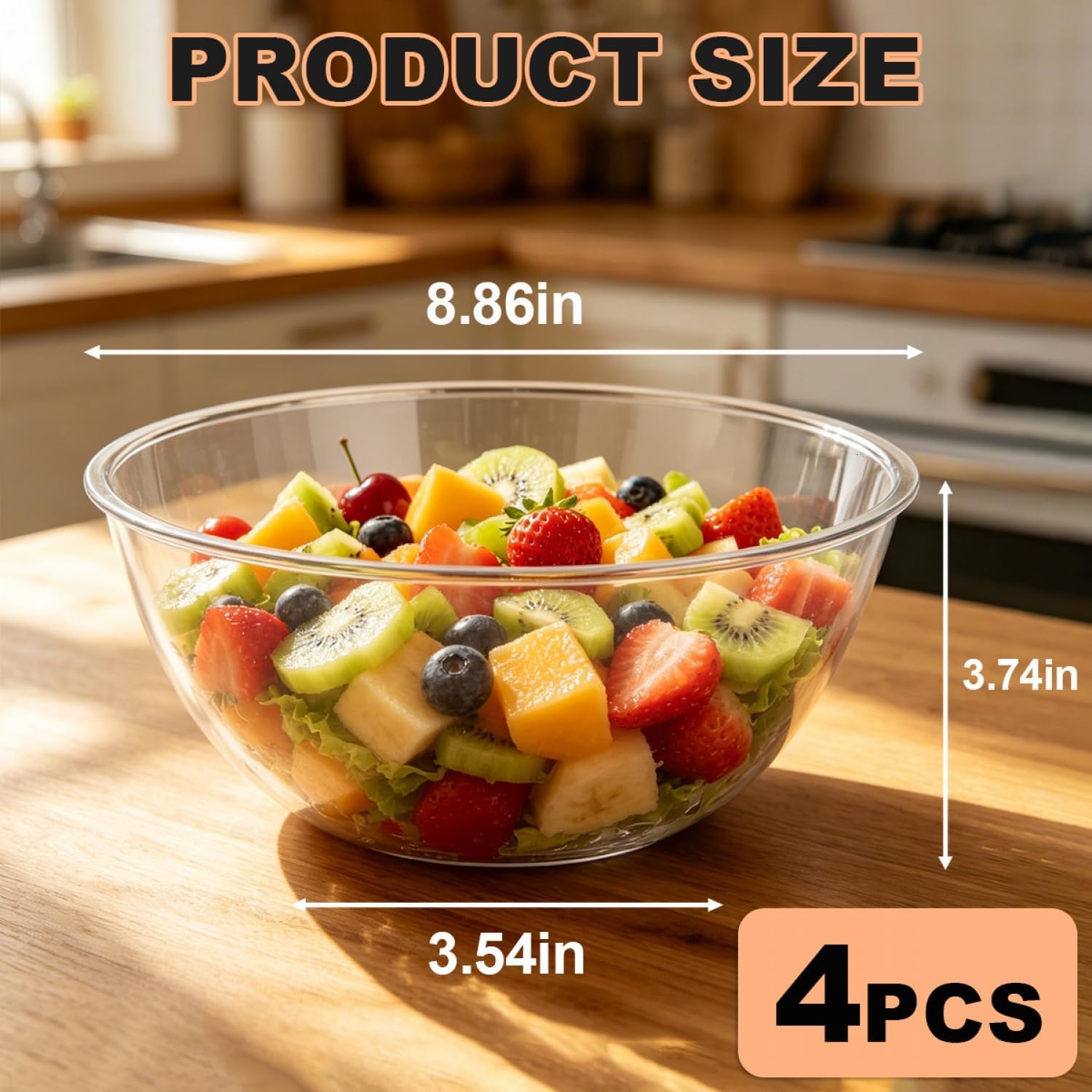 SenseYo 4 Pack Clear Plastic Salad Bowls Set 9 Inch Durable BPA-free Dishwasher-Safe Round Serving Bowl Container Candy Dish Reusable for Party Snack Fruit Chip