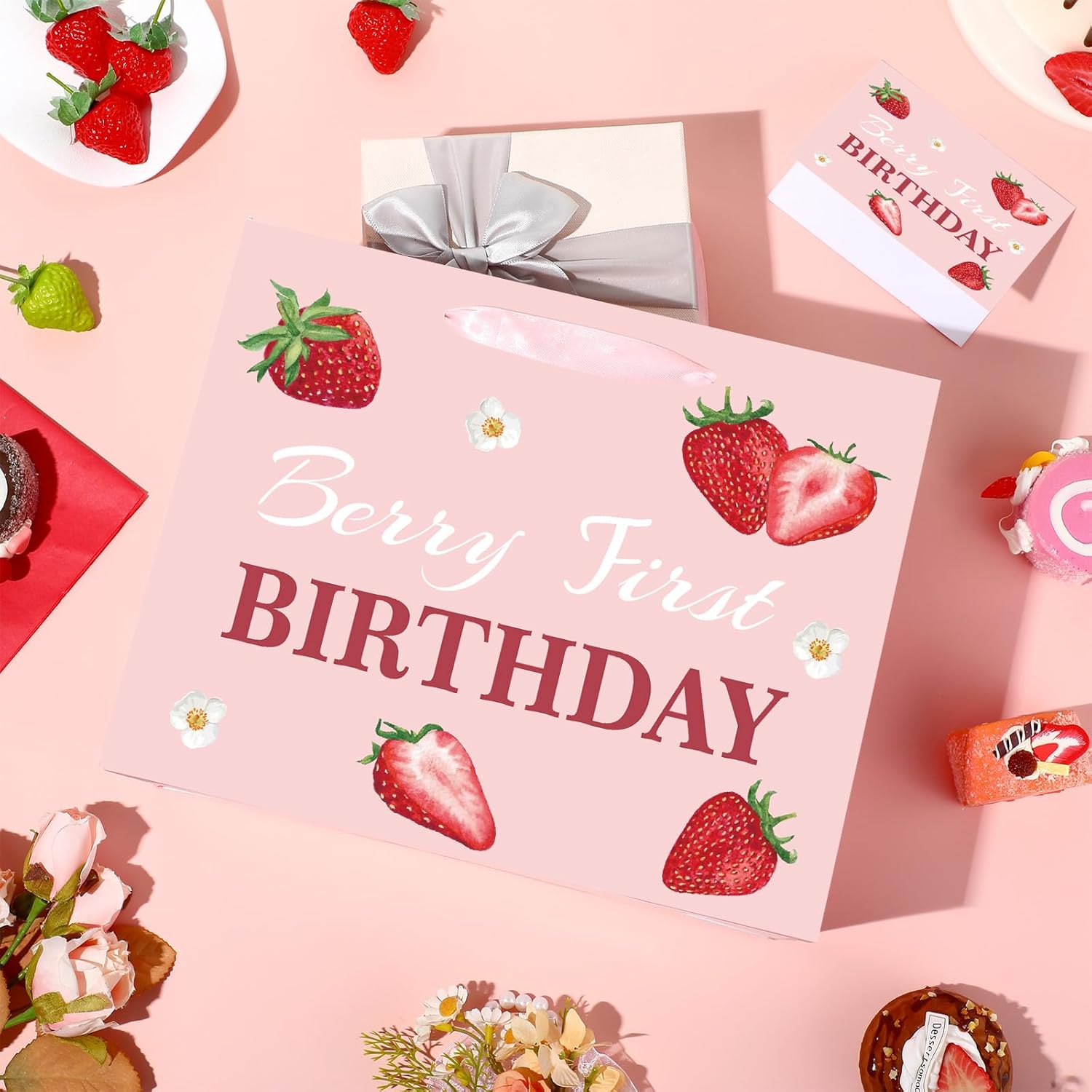 Strawberry 1st Birthday Gift Bag for Baby Girl Berry First Birthday Decorations Pink Sweet One Gift Wrapping Bag with Tissue Paper Greeting Card for Strawberry Theme Baby Shower Bday Party Supplies - Image 3
