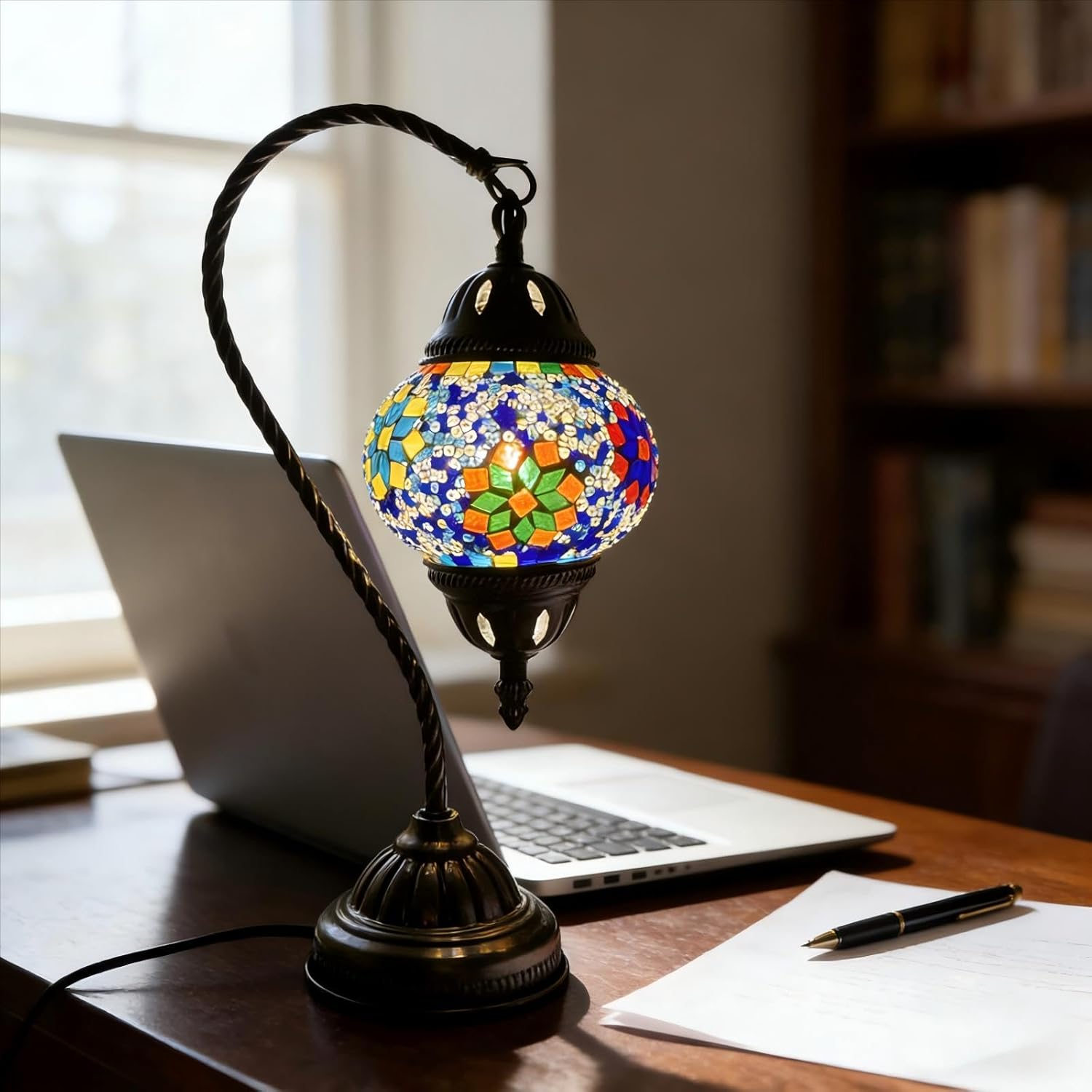 Vintage Turkish Lamp Stained Glass Table Lamp, Handmade Turkish Moroccan Mosaic Lamp with Bronze Swan Neck Base, LED Bulb Included, Bedside Decor for Bedroom