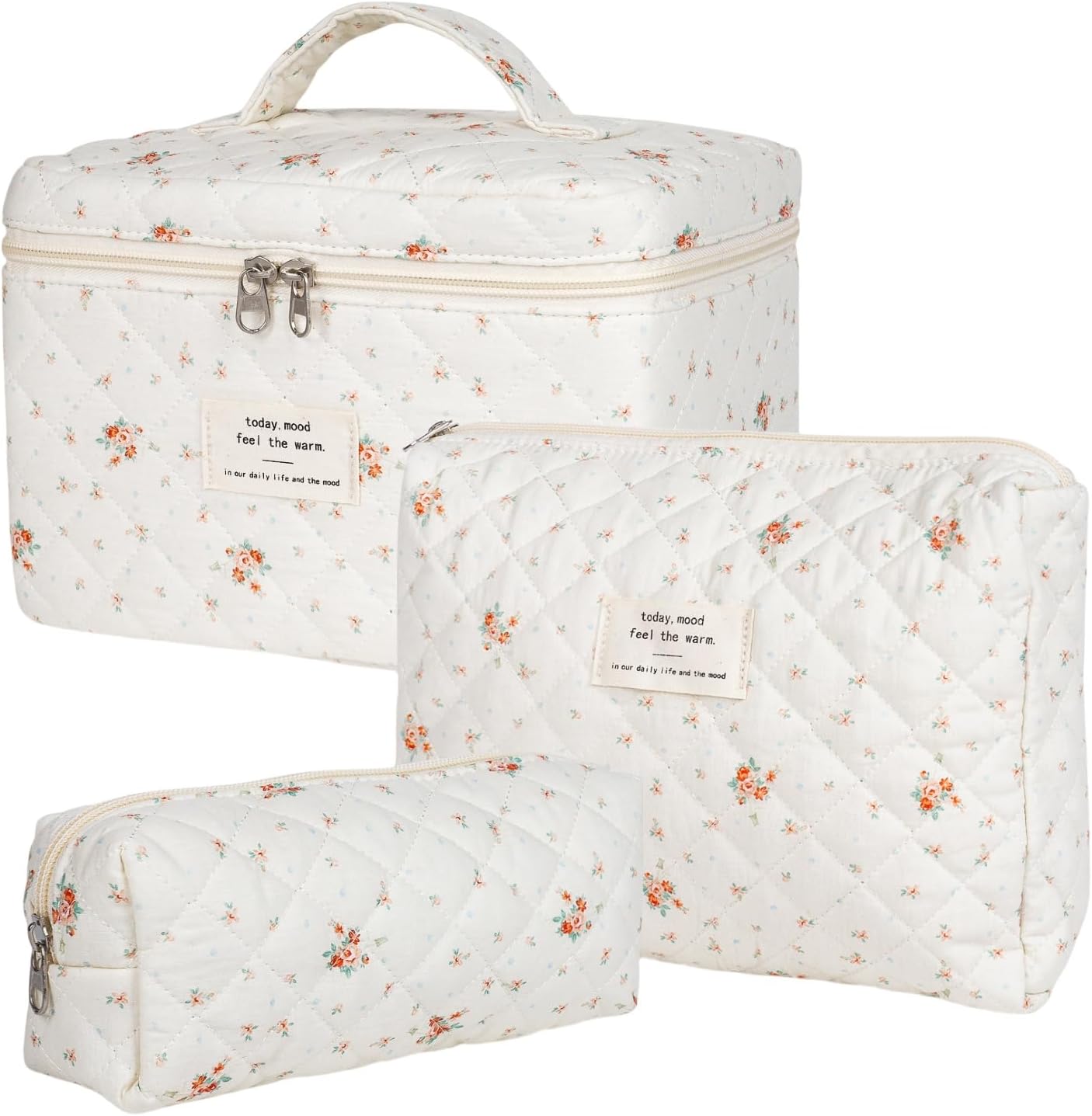 Floral Quilted Makeup Bag Set for Women Aesthetic Travel Large Cute Cosmetic Toiletry Pouch Lightweight Cotton Tote Purse Organizer Insert Valentines_Gifts for Her, c01 (3PCS#01Blue Flower)
