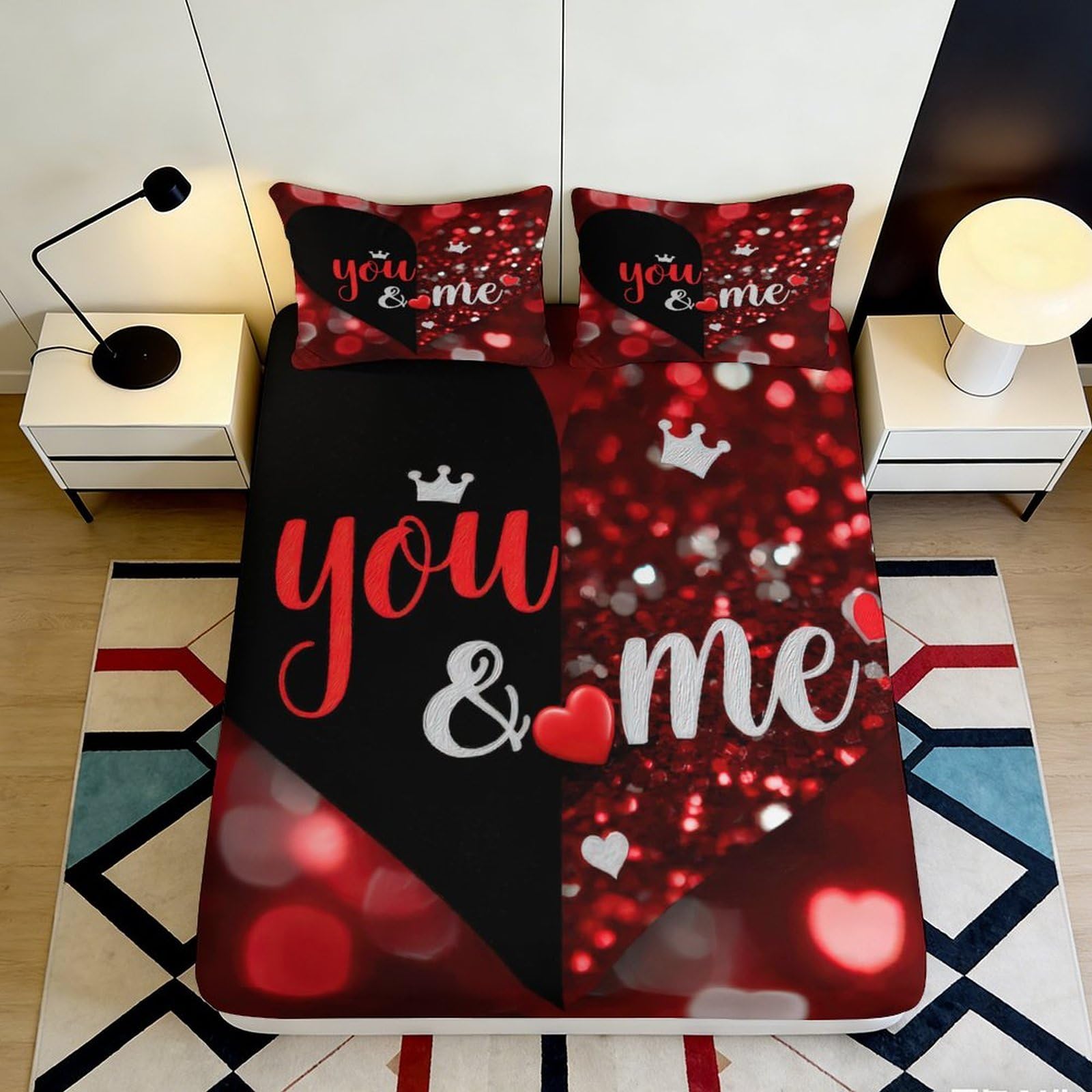Pnayamiorkfel Style-9 3D Printed Love Heart Fitted Sheet Microfiber Red Black Romantic You Me Bed Cover For Bedroom Guest Room Protection 90X200x25cm