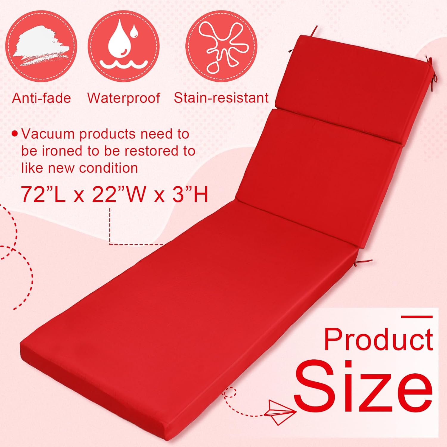 2 Pcs Indoor Outdoor Chaise Lounge Cushions Sponge Bench Outdoor Furniture Chaise Cushions Patio Chair Furniture Replacement (Bright Red)