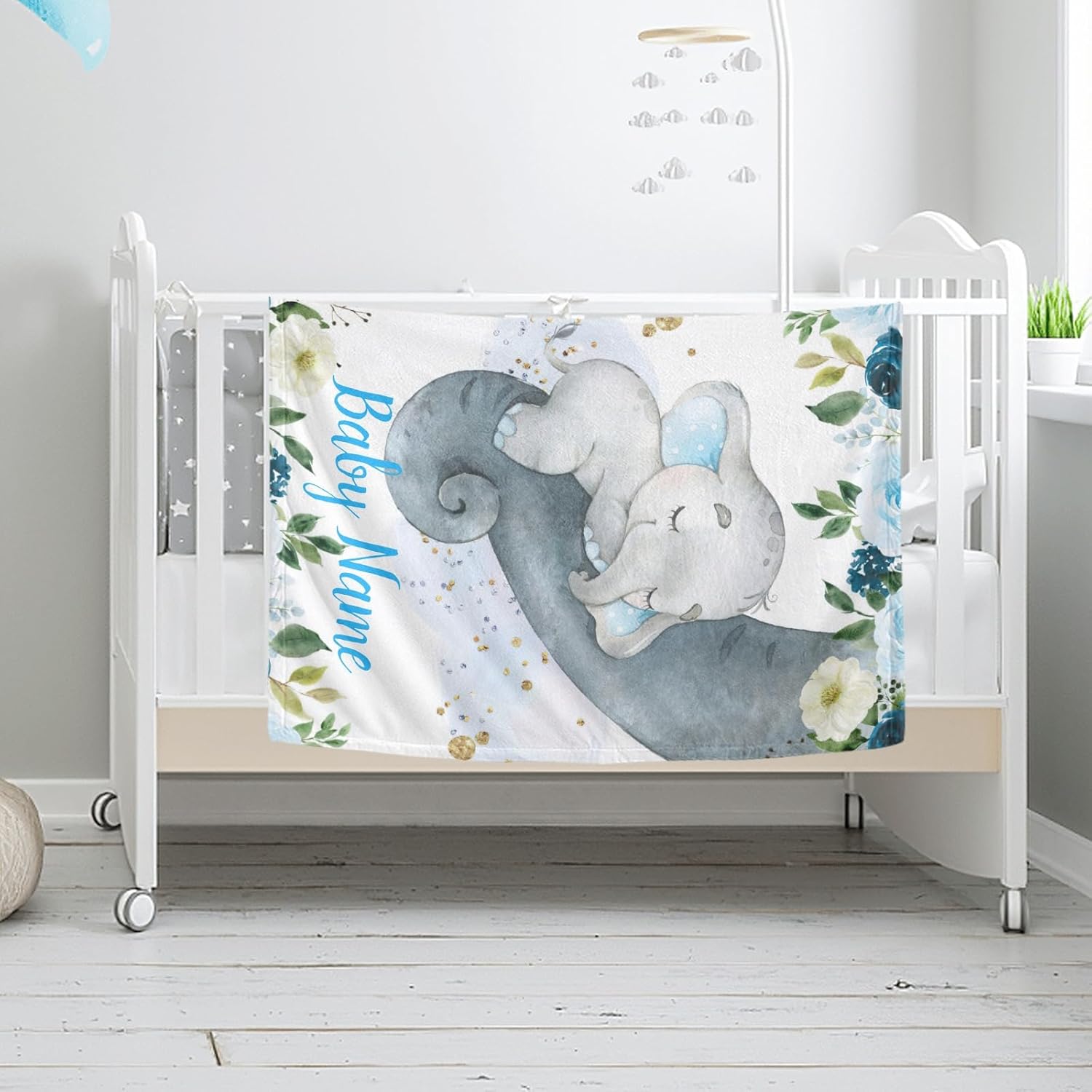 Personalized Baby Blankets for Girl Names - Soft Baby Custom Blanket with Name Blue Sleeping Elephant (50x60in)