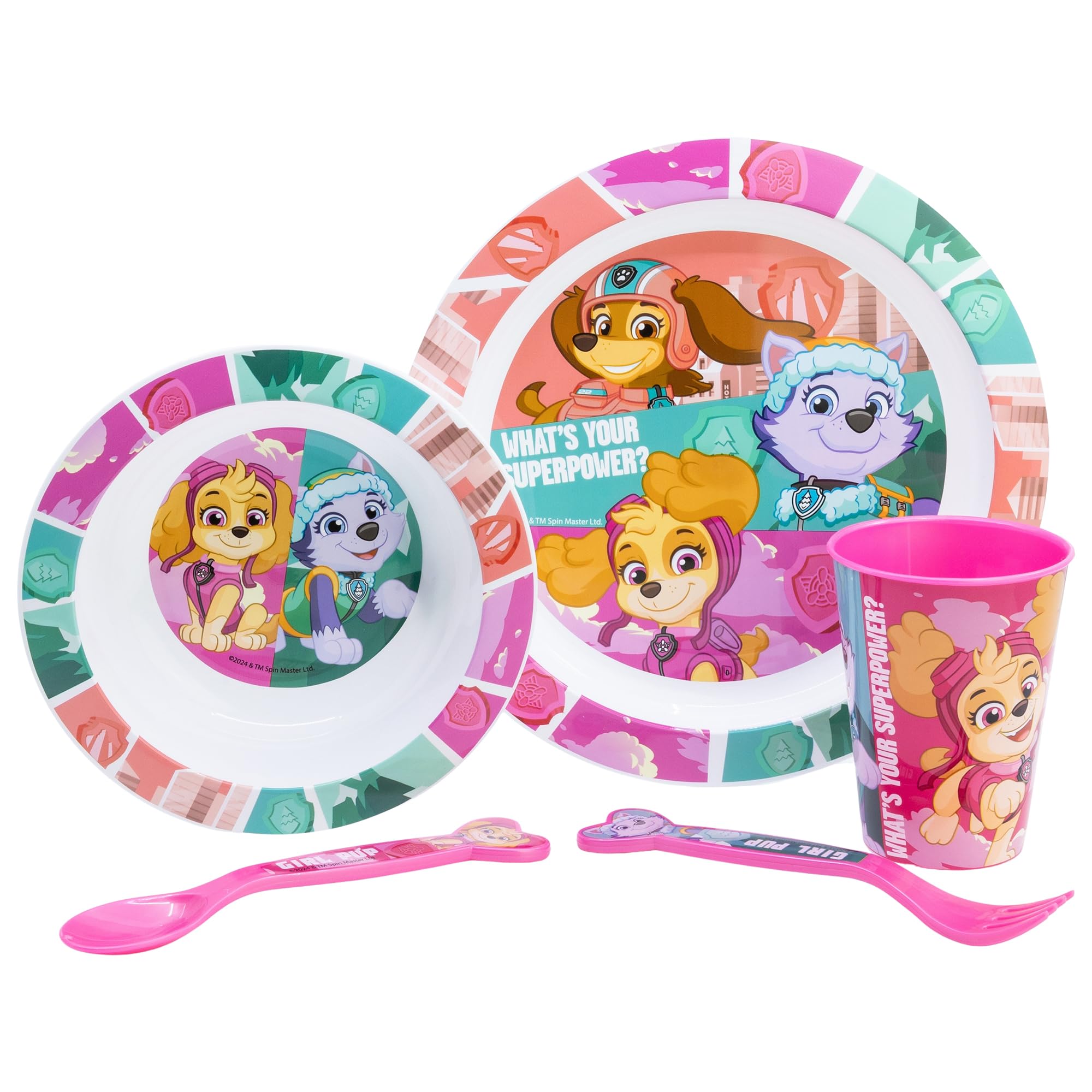 Paw Patrol Girl Reusable Microwavable Children's Tableware Set with Cup, Plate, Bowl and Cutlery, Multicoloured