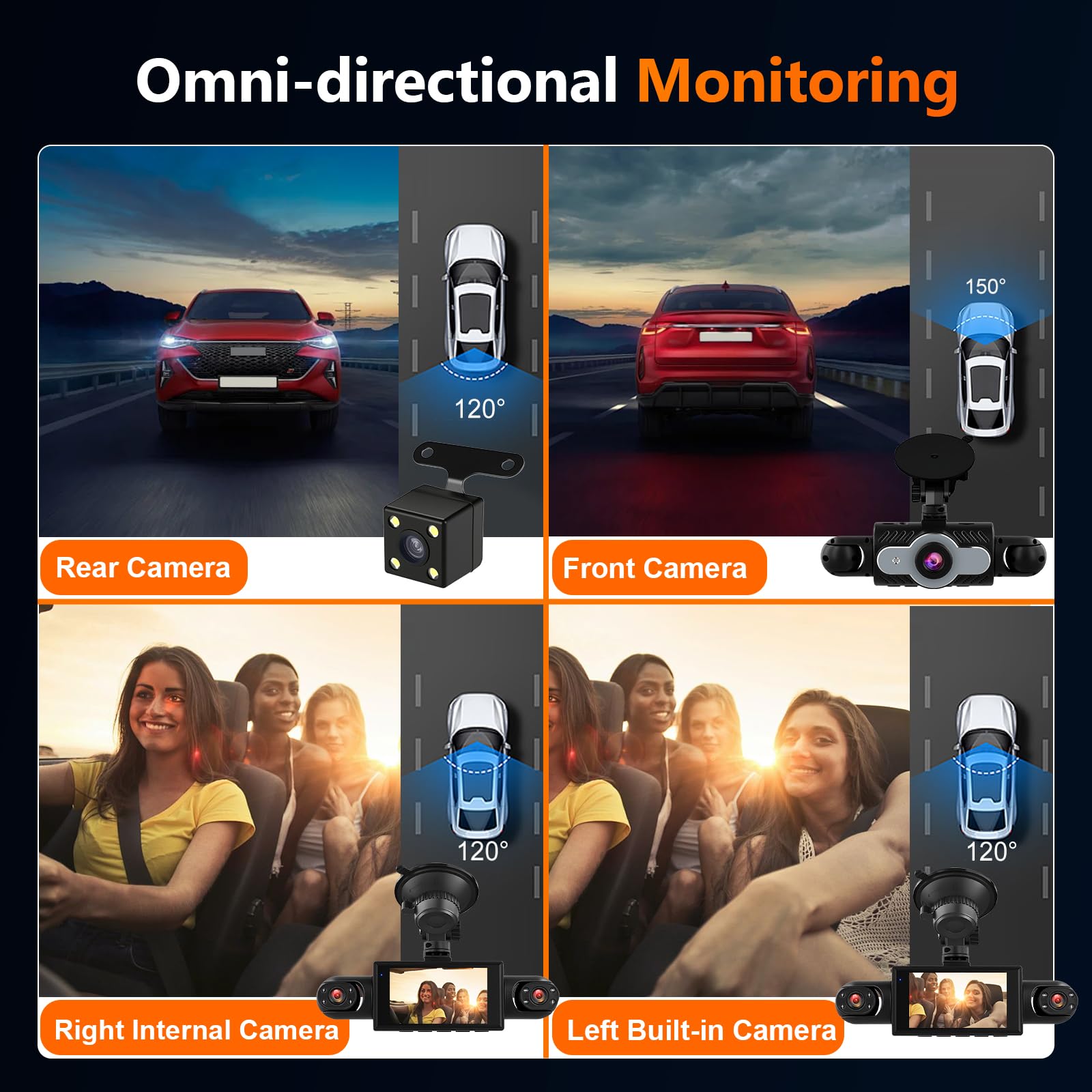 Mirror Dash Cam 4 Channel Front Rear, 3 inch Rückspiegel Kamera mit G-Sensor/Parking Monitoring/Night Vision 360 Grad Schutz+ 64GB Karte