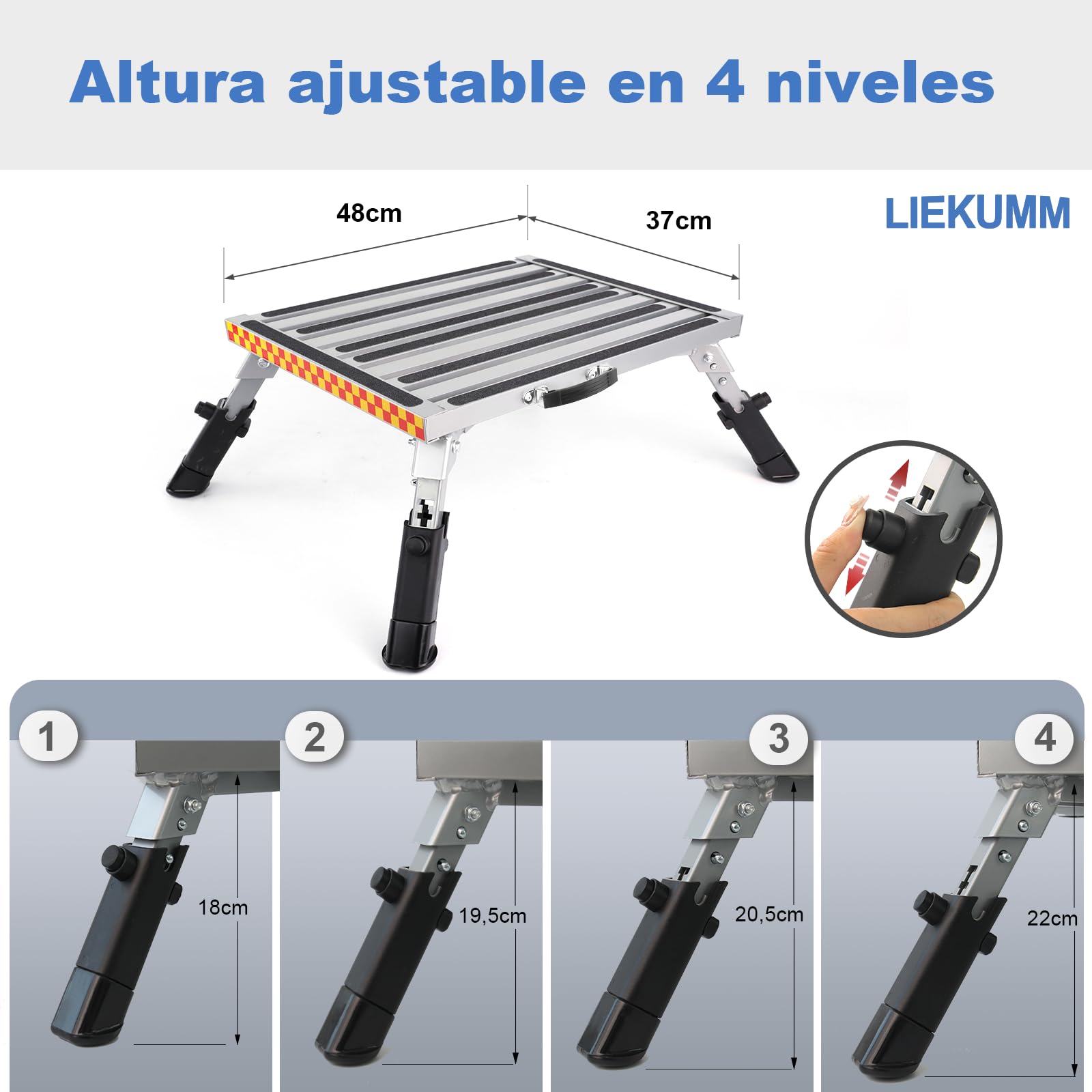 LIEKUMM Taburete Plegable de Aluminio, 48 x 37 cm, con Superficie de Goma Antideslizante, hasta 450 kg, Adecuado para Cocina, Autocaravana, SUV, Caravana, o como reposapiés para el hogar