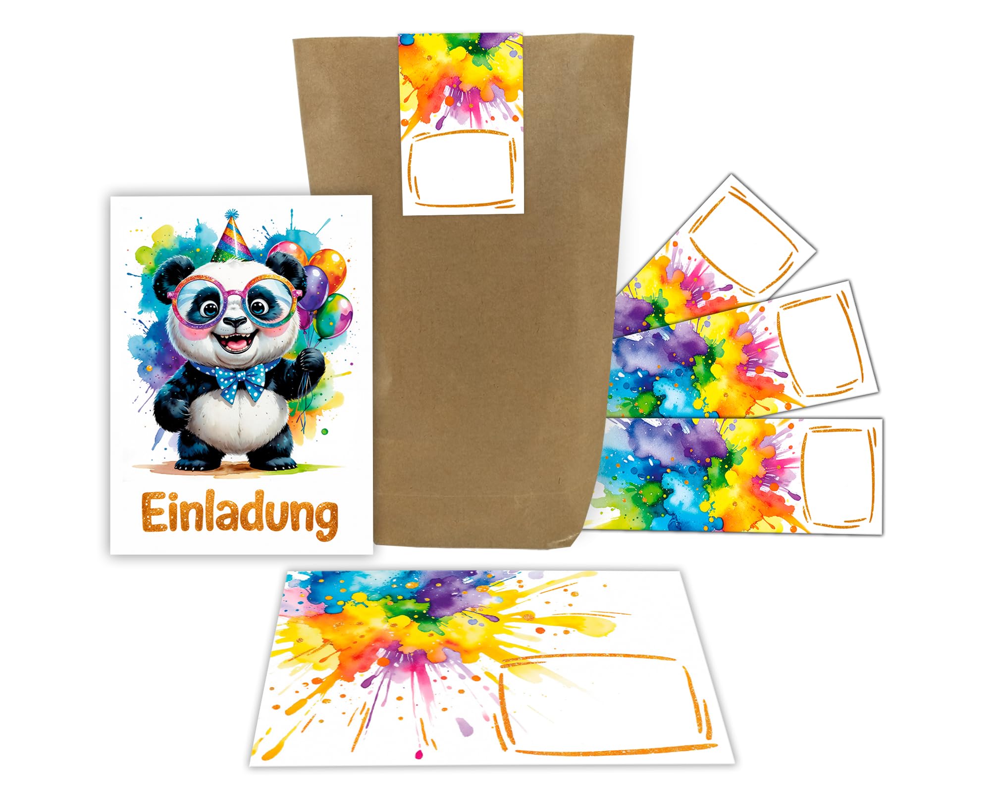 JuNa-Experten 12 Einladungskarten zum Kindergeburtstag Jungen Mädchen Kinder Tiere Panda coole bunte Einladungen Geburtstag Taufe Einschulung incl. 12 Umschläge, 12 Partytüten/natur, 12 Aufkleber