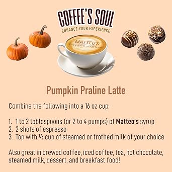 Matteo's Pumpkin Praline Syrup for Coffee, Lattes, Cappuccinos & Desserts Sugar-Free Sweetener for Beverages, Keto Friendly, Zero Calories, Indulgent Flavor, Non-Alcoholic, 33.8oz (6pk)