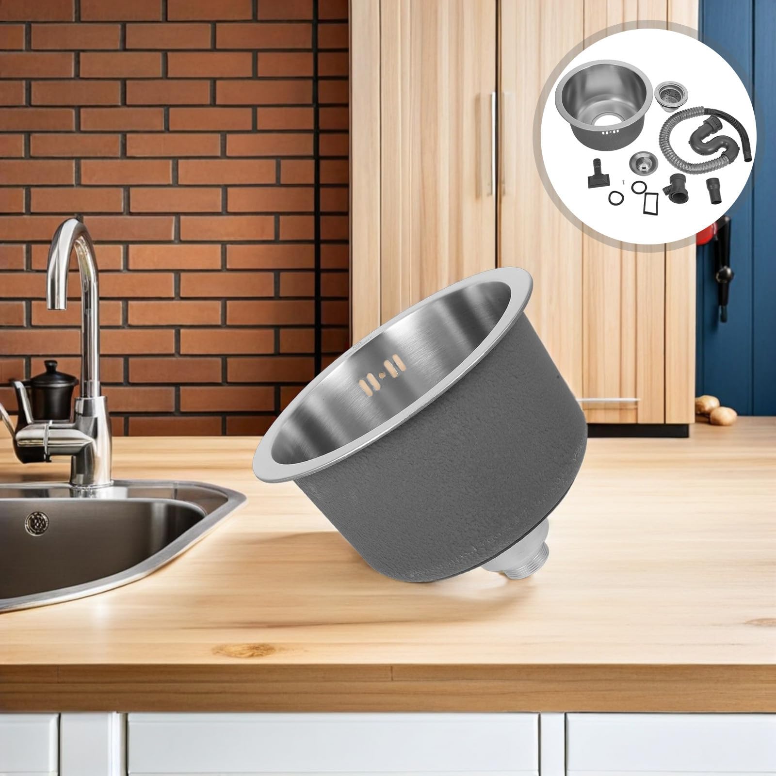 STOBAZA Fregadero de Cocina Mini Redondo de Acero Inoxidable, Lavabo Individual con Kit de Desagüe y Rebosadero, Plata, para Autocaravana, Bar y Sala de Servicio