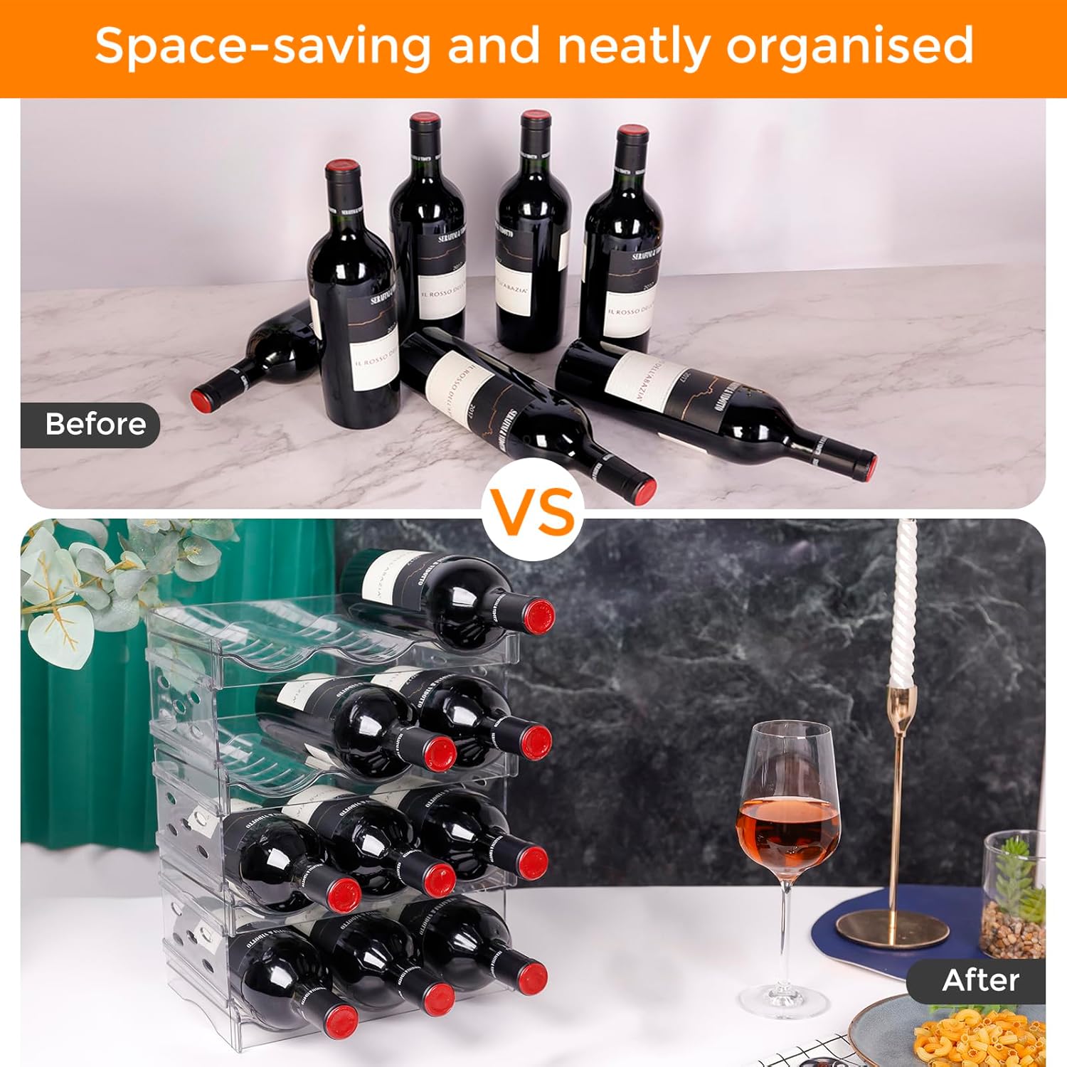 BoxedHome Plastic Water Bottle Organizer and Wine Rack Storage Holder for Inside Cabinet, Kitchen Countertop, Table Top, Pantry, Bars, Cabinets, Fridge - Clear (4 Tier 12 Containers)