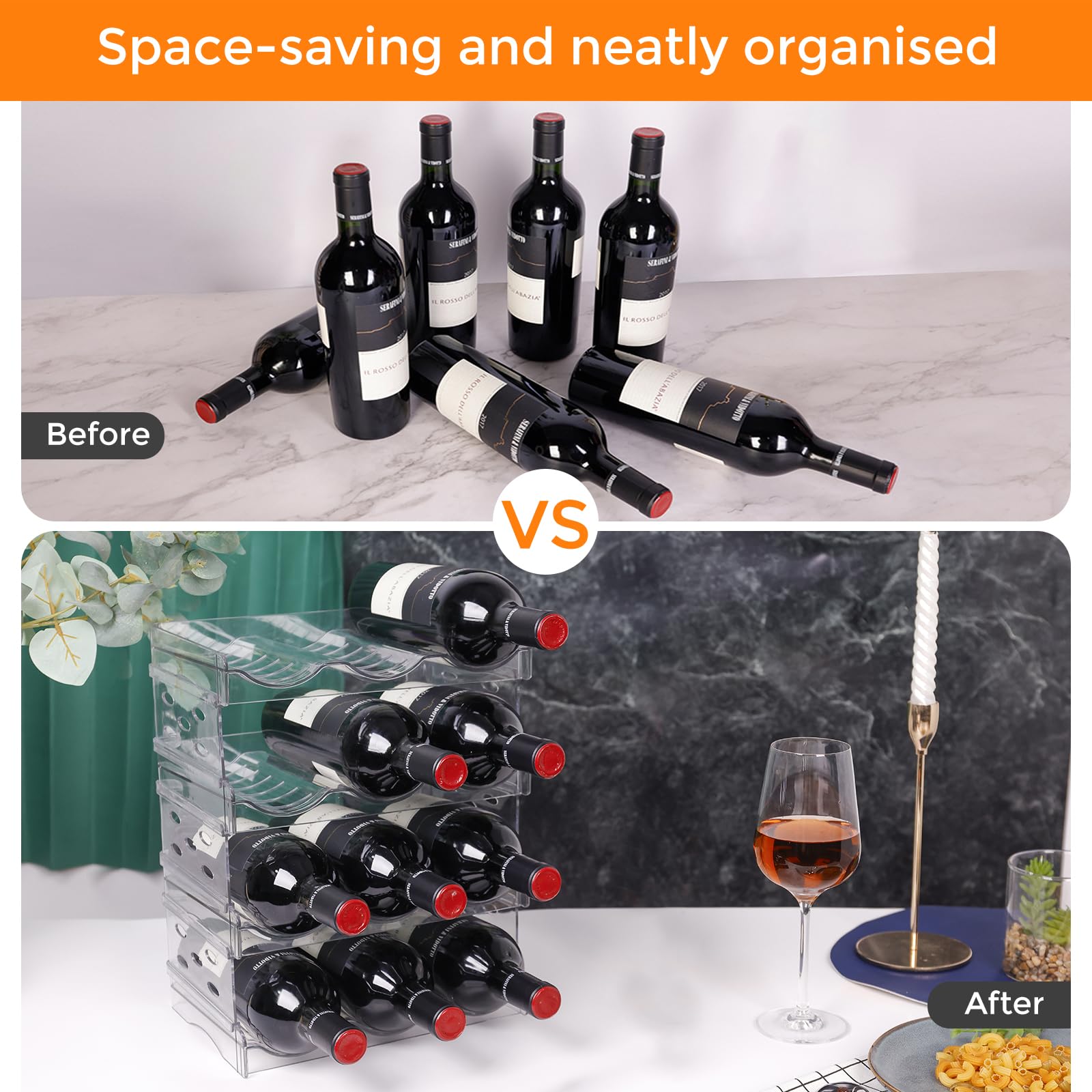 BoxedHome Weinregal Stapelbar Wasserflasche Organizer Kunststoff Flaschenhalter Schrank Organizer Aufbewahrung für Gefrierschrank Schrank Speisekammer (4 Etagen 12 Flaschen)
