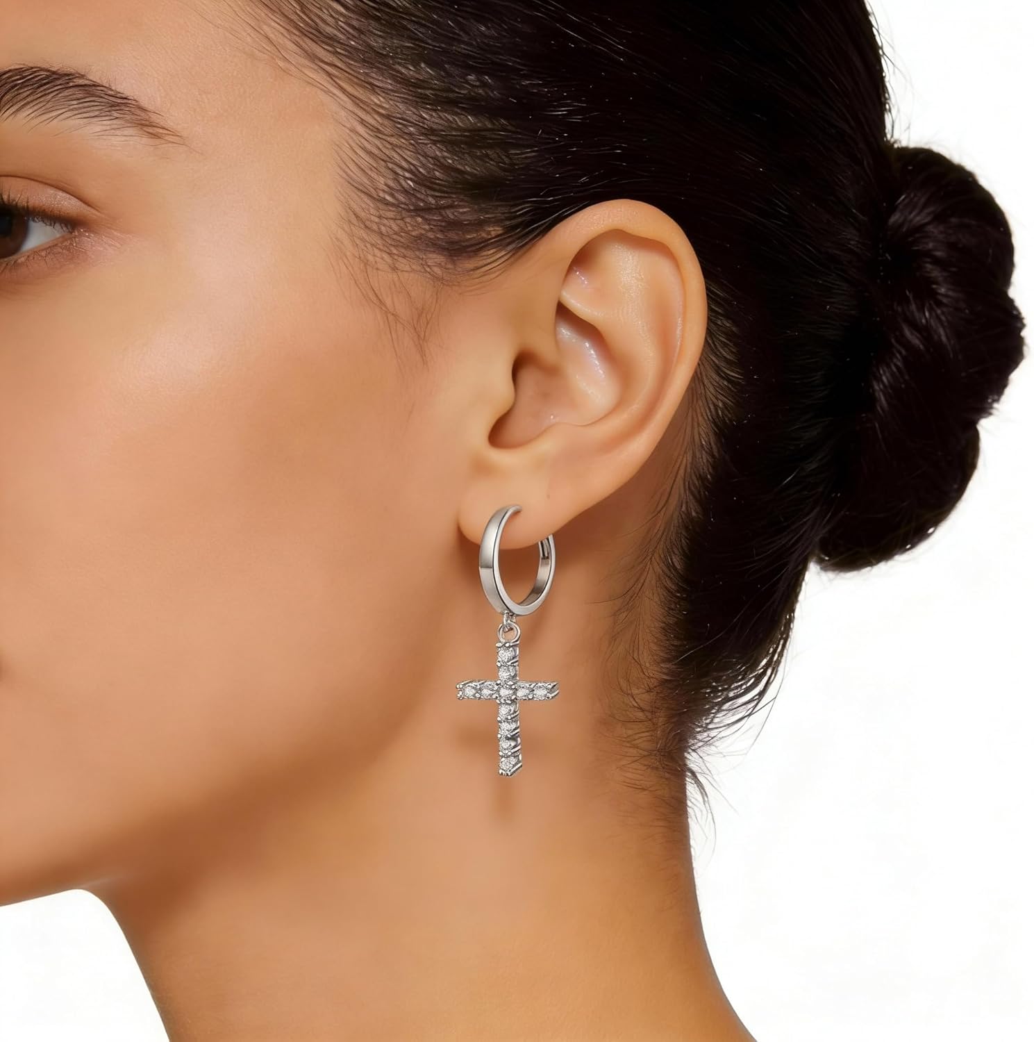 Moissanite Cross Drop Dangle Earrings, Hypoallergenic S925 Hoop Earrings, Pierced Simulated Diamond Charm Earrings, Trendy Cute Nice Everyday Jewelry Gifts for Women Men Birthday - Image 2