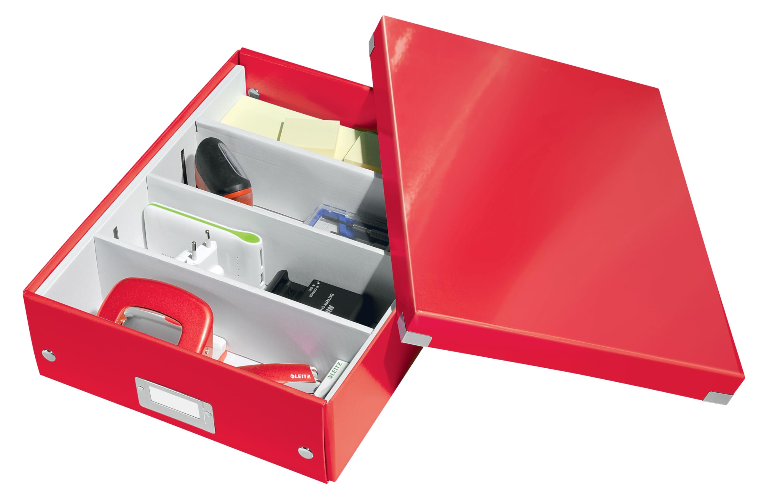 Leitz Click & Store Aufbewahrungsbox mit Deckel Mittel-Groß, Box mit Trennwänden für Zubehör im Büro oder Utensilien im Haushalt, Transportbox aus 85 % recycelter Premium-Hartpappe, Rot, 60580026