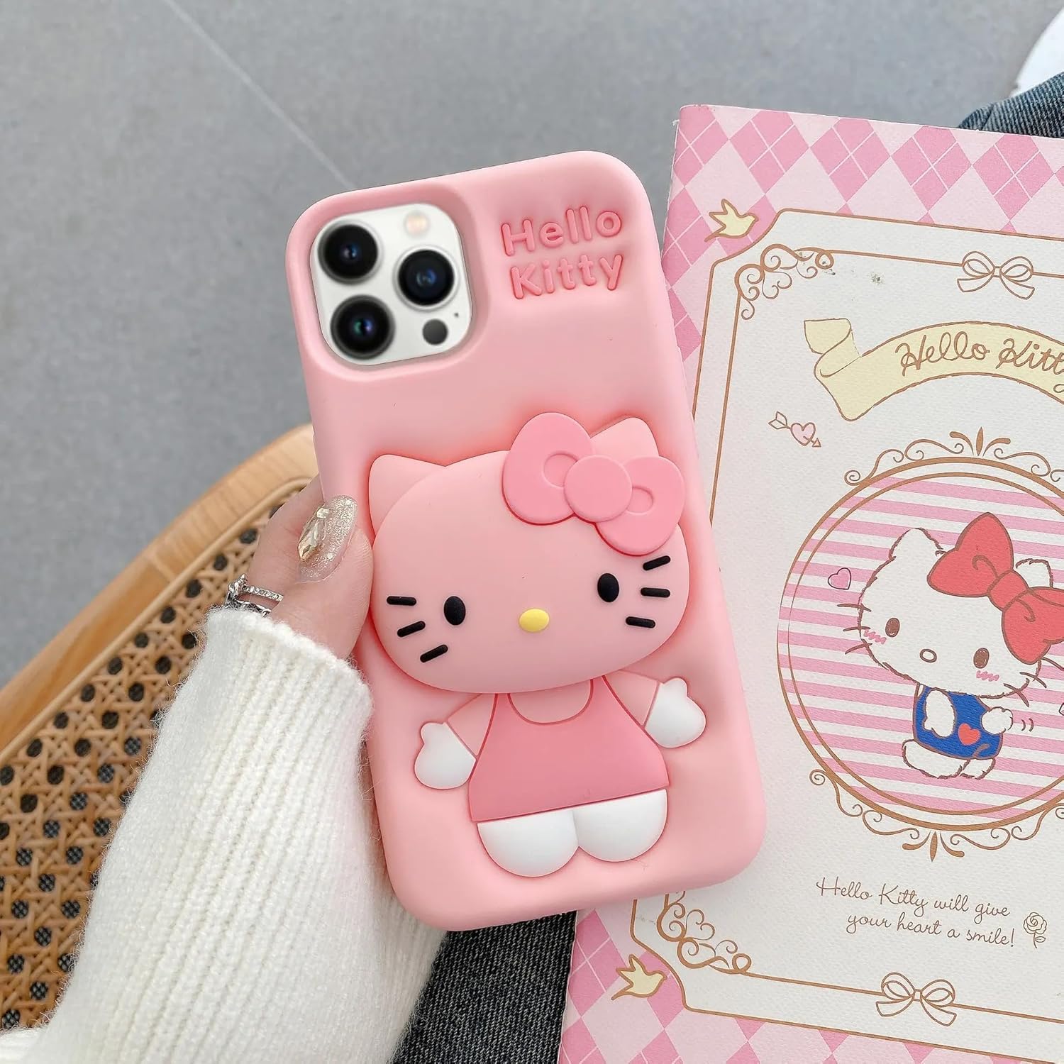SUKOVIA 3D Cartoon 'Hello Kitty' Back Cover Case for iPhone 16 Pro with Pop-Up Holder for Girls & Women