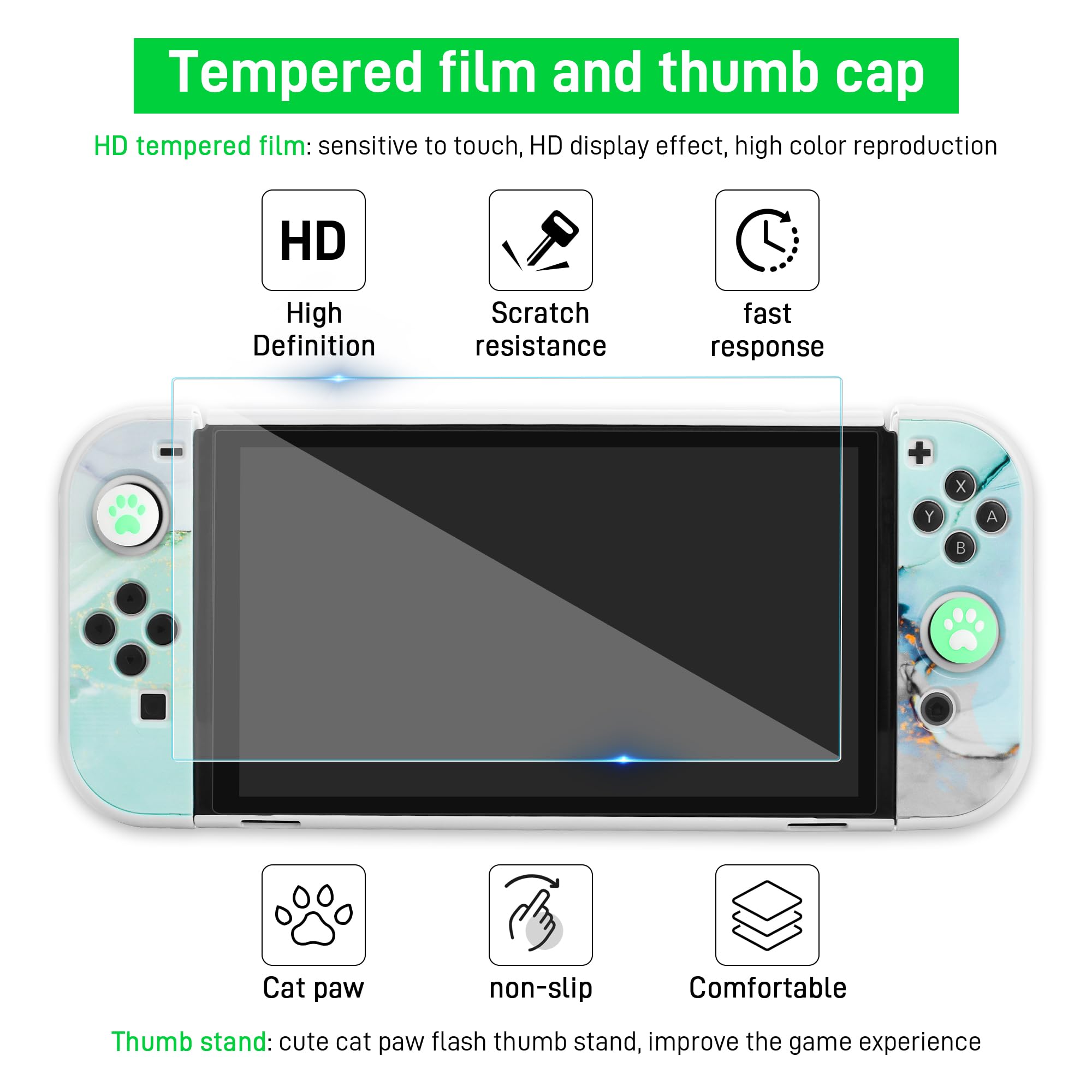 FANPL Set di custodie per Nintendo Switch OLED, custodia da trasporto per Switch OLED e Joy Con con custodia protettiva flip e pellicola protettiva, 4 impugnature per pollice, tracolla - marmo verde