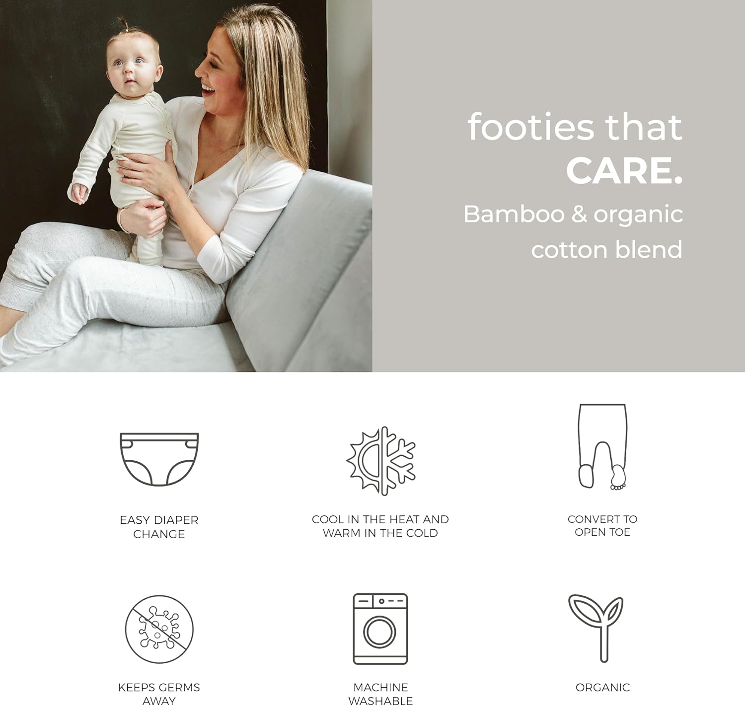 Goumikids Convertible Baby Footie Pajamas, 2-Way Zipper and Mitten Cuffs, Organic Cotton, 0-3 Months, Cloud - Image 6