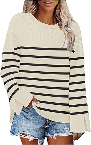 Camisetas acanaladas para mujer, cuello redondo, con abertura, manga larga, ropa de otoño, blusas lisas y a rayas