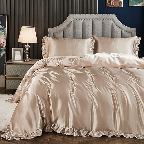 Miniatura 10 de Juego de funda de edredón de lujo sedoso de satén rosa con estampado de volantes de satén rosa y seda rosa, juego de ropa de cama tamaño Queen, 1